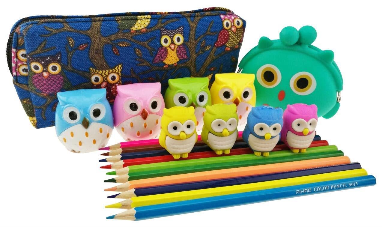 Cute Cartoon Owl Theme Set 5 Kinds of Stationery Include 1 Change Purse 1 Pencil Bag 4 Pencil Sharpener 4 Eraser 10 Colored Pencils for Kids Painting Birthday Christmas Gift