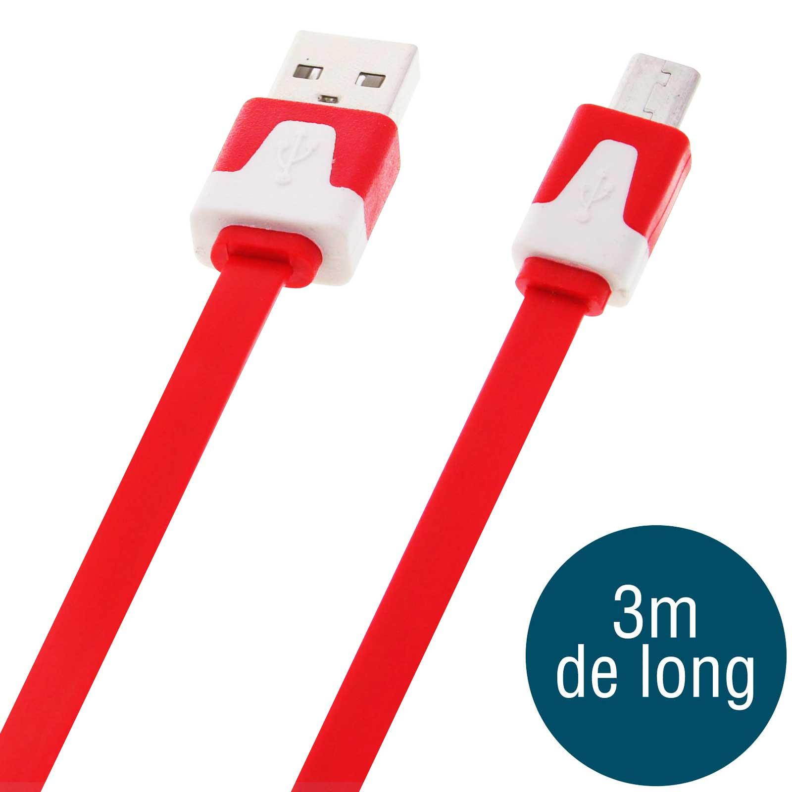 3m Micro-USB to USB flat anti-tangle cable, Charge and Sync cable - Red