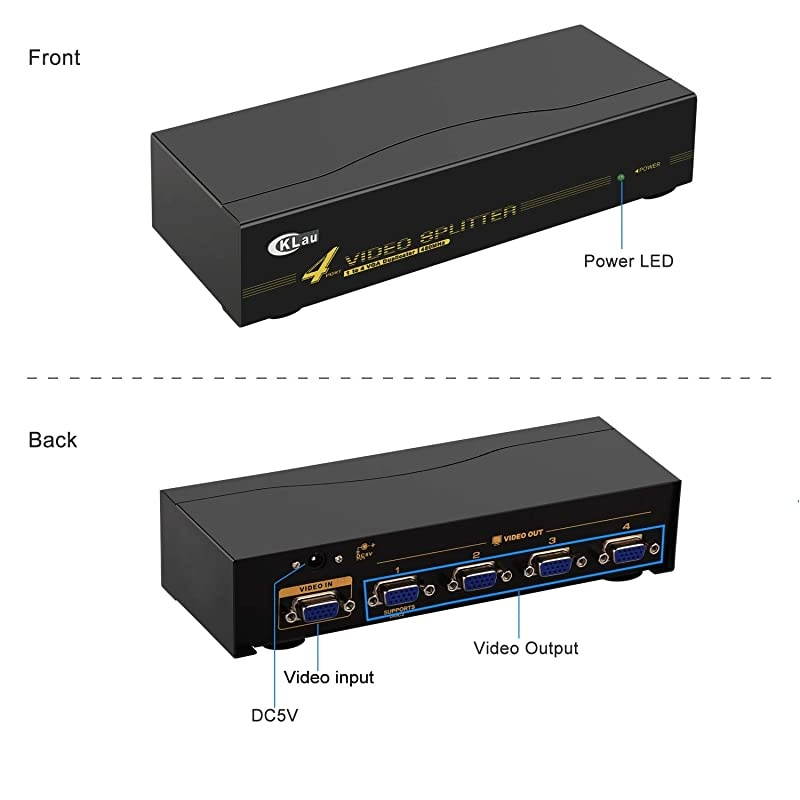450MHz Bandwidth 2 Port VGA Splitter Amplifier Box 1 PC to 2 Monitors SVGA Video Splitter Support 2048 x 1536 Resolution up to 164ft for Screen Duplication