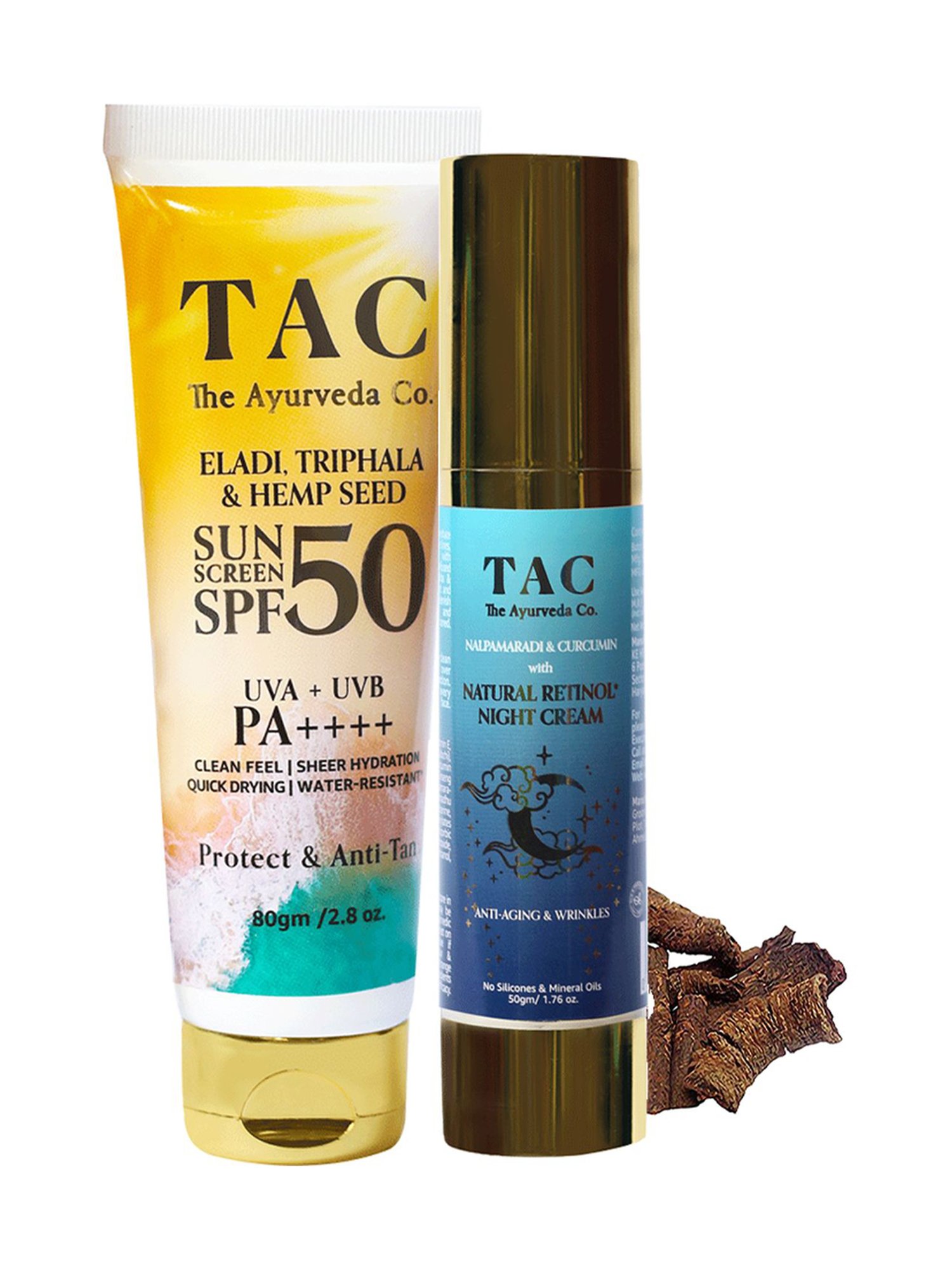 TAC - The Ayurveda Co. Night Cream & Eladi, Triphala & Hemp Seed SPF 50 Unscreen