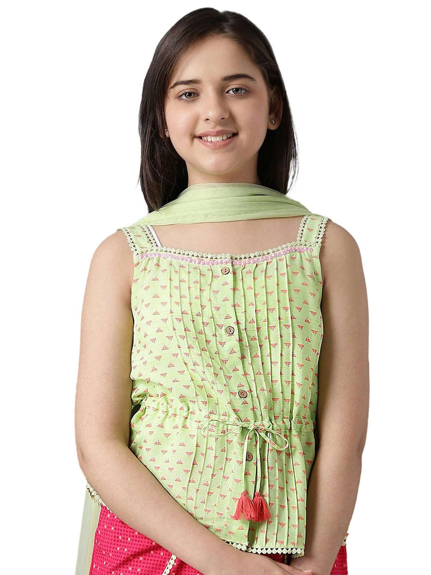 Aurelia Kids Green & Pink Printed Kurti with Palazzos & Dupatta