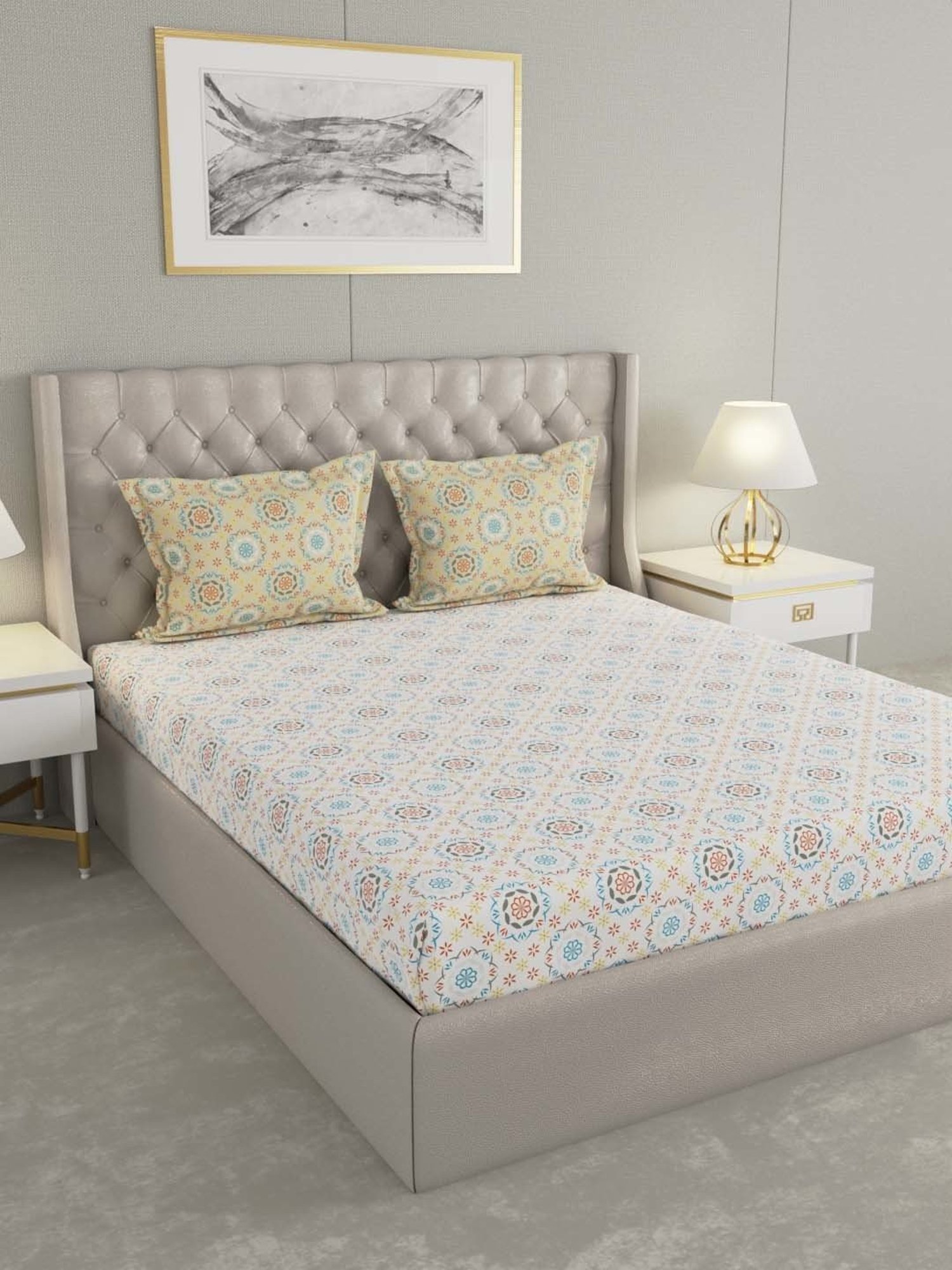 House This Juniper Blue Cotton 600 TC Double Size Bedsheet With Pillow Covers