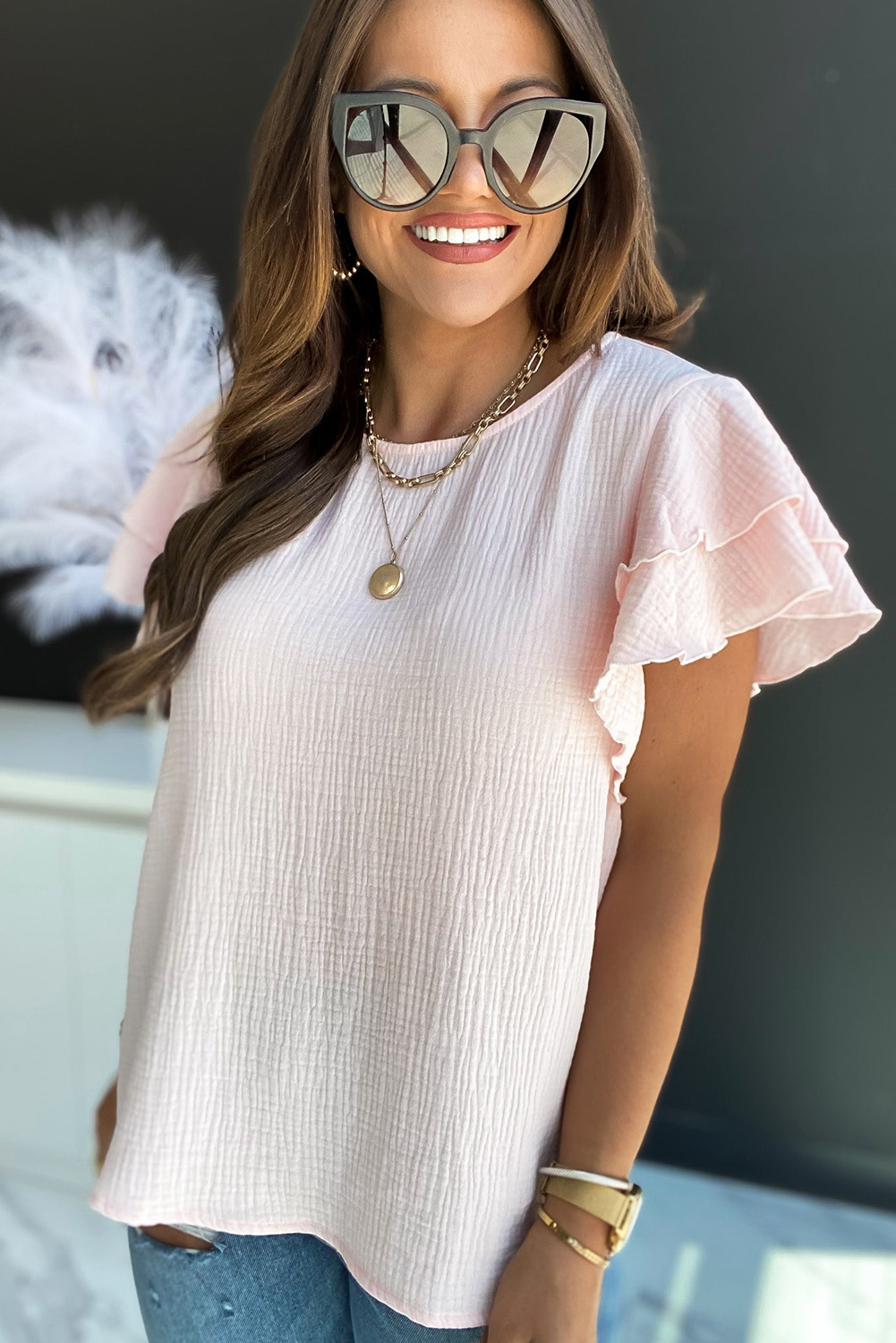 One World Apparel Jacquard Square Neck Short Sleeve Ivory Multi Floral Print Top