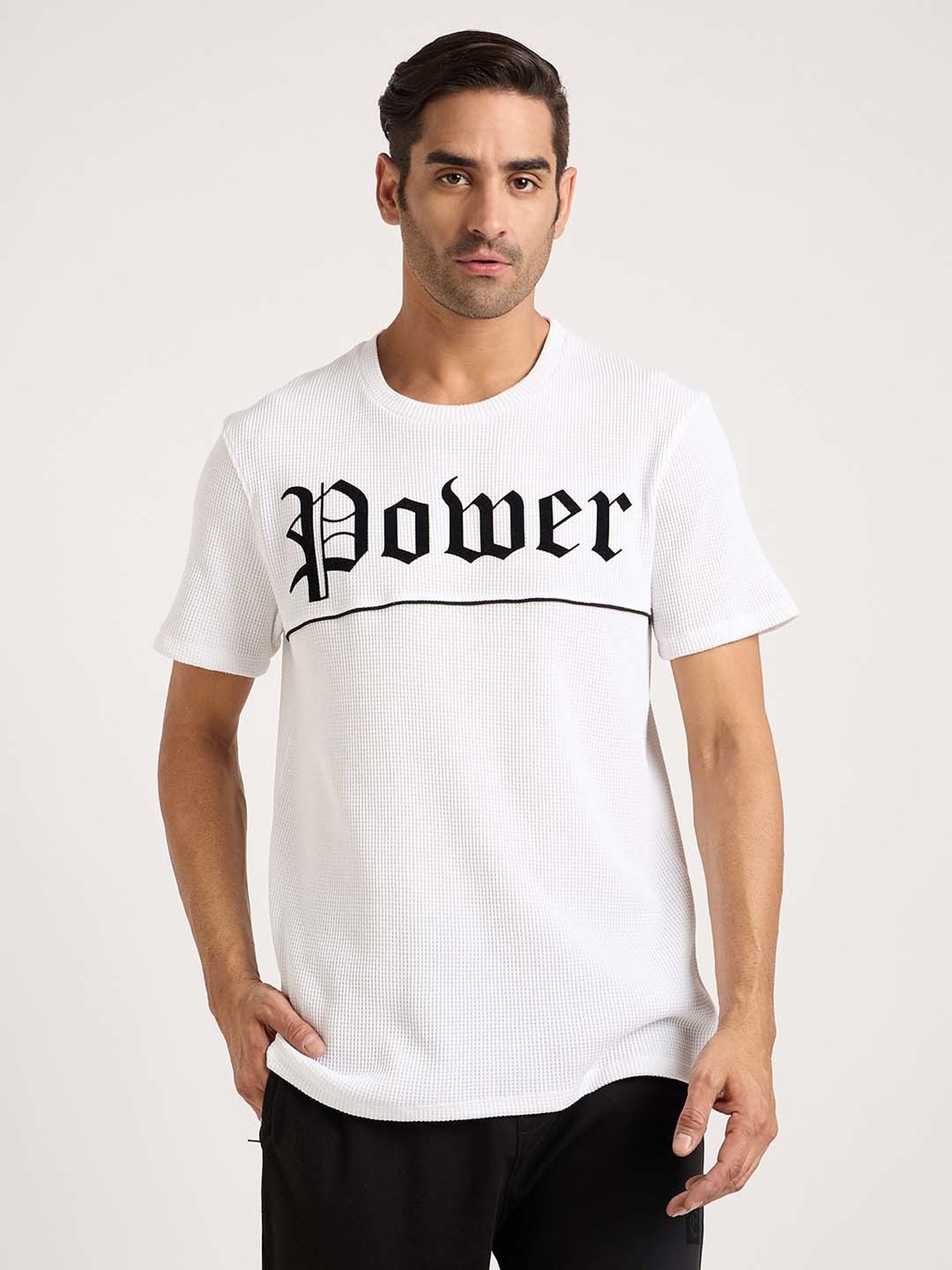 EDRIO White Regular Fit Textured Crew T-Shirt