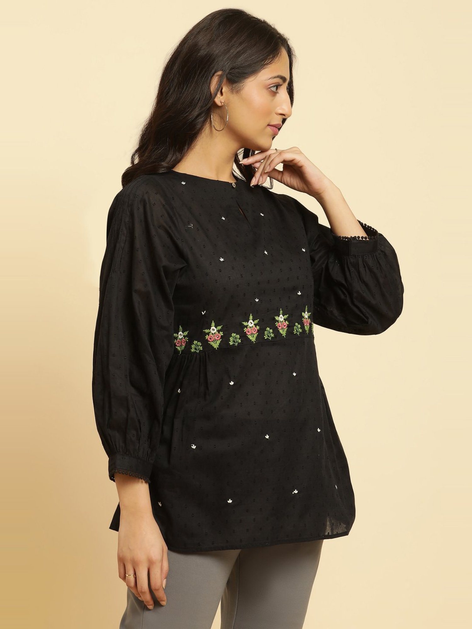 W Black Cotton Embroidered Top