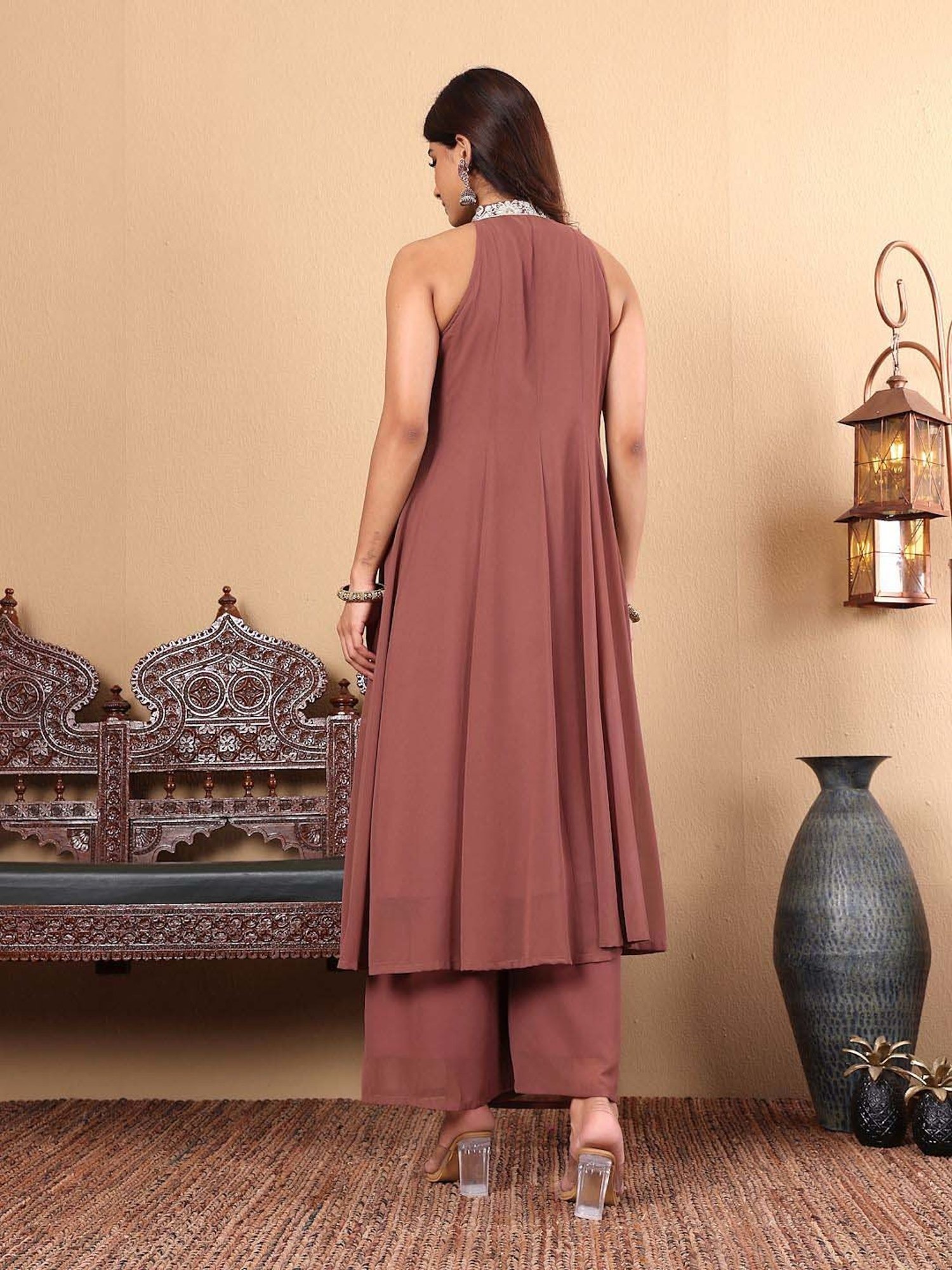 Varanga Camel Brown Embroidered Kurta & Palazzo Set