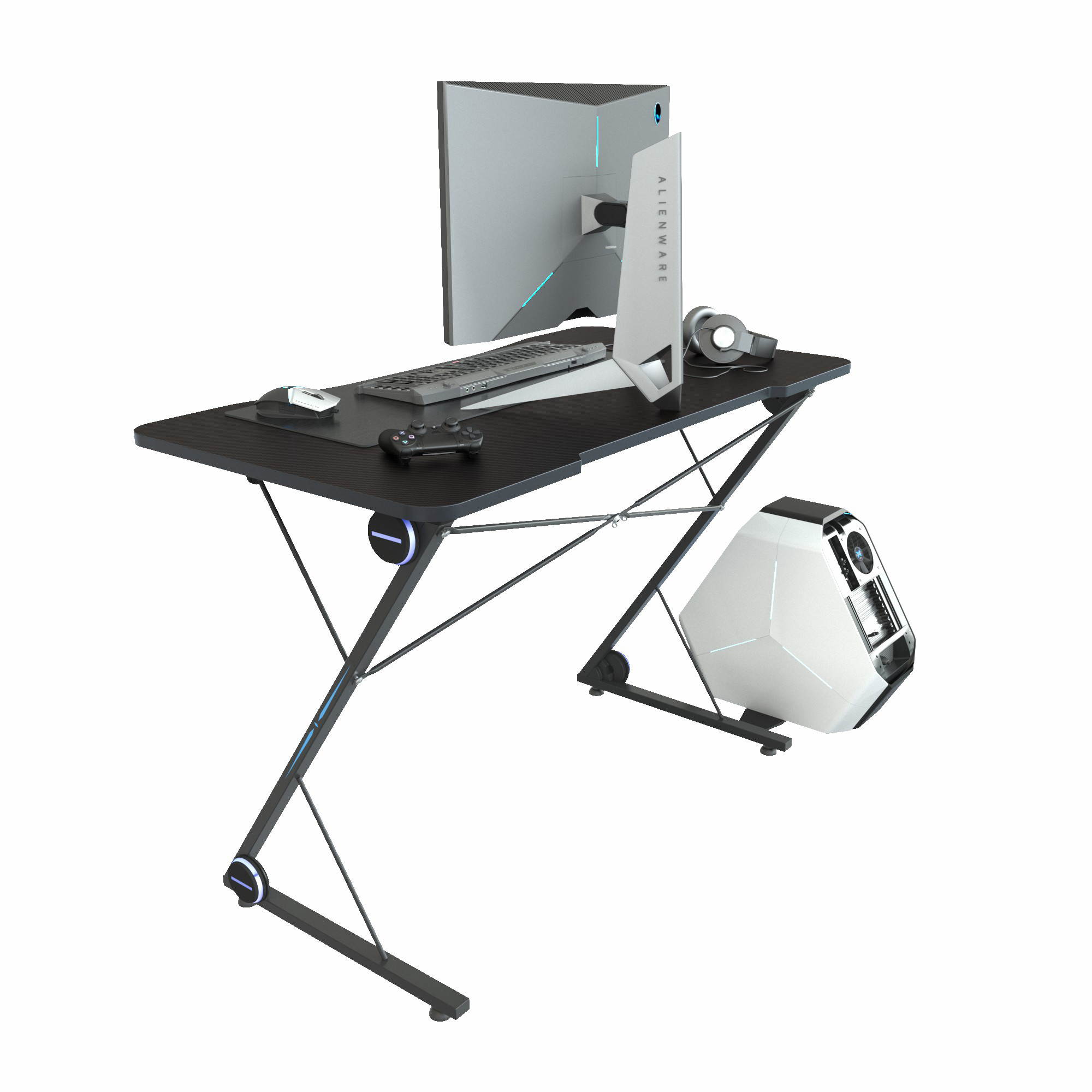 Gaming Desk, Z-Shaped Professional E-Sport Gamer Workstation with LED Lights & Large Carbon Fiber Surface, Ergonomic PC Gaming Table for Home Office