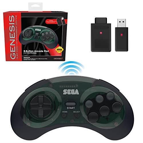 Retro-Bit Sega Genesis 2.4 GHz Wireless Controller 8-Button Arcade Pad for Sega Genesis Original/Mini, Nintendo Switch, PC, Mac &ndash; Includes 2 Receivers & Storage Case - Shadow