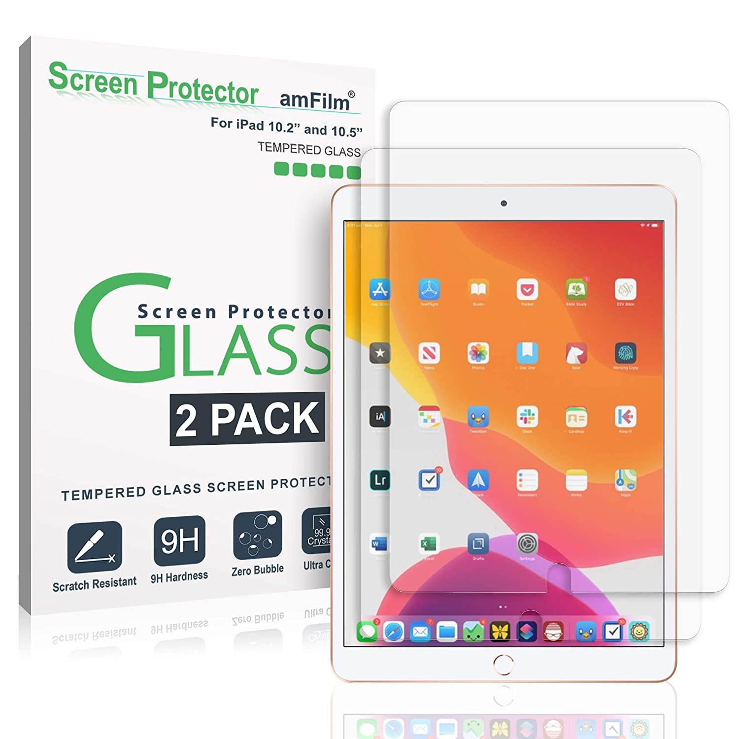 amFilm Screen Protector for iPad 7 (7th Generation, 10.2&rdquo;, 2019) / iPad Air 3 (3rd Gen 10.5, 2019), iPad Pro 10.5 (2017) Tempered Glass, Apple Pencil Compatible (2 Pack)