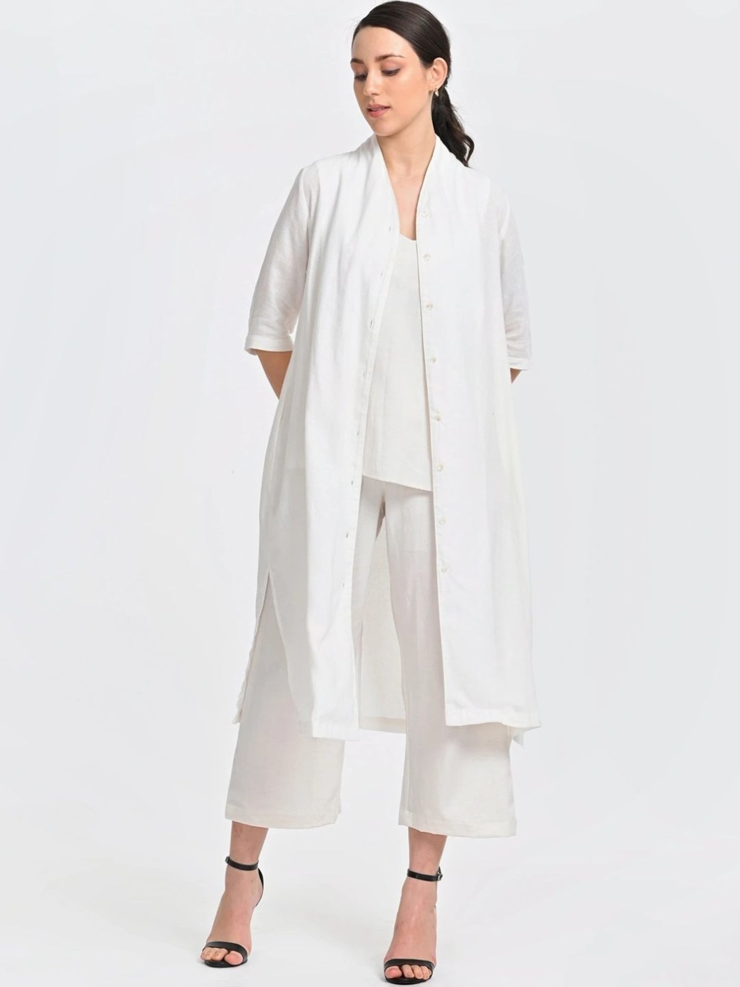 Saltpetre Cream 3 Piece Overlay Long Shirt With Top And Trousers Co-ords Set
