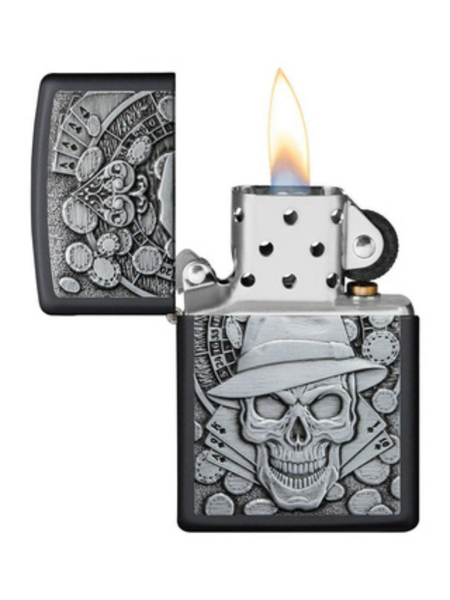 Zippo Black & Silver Gambling Skull Brass Pocket Lighter
