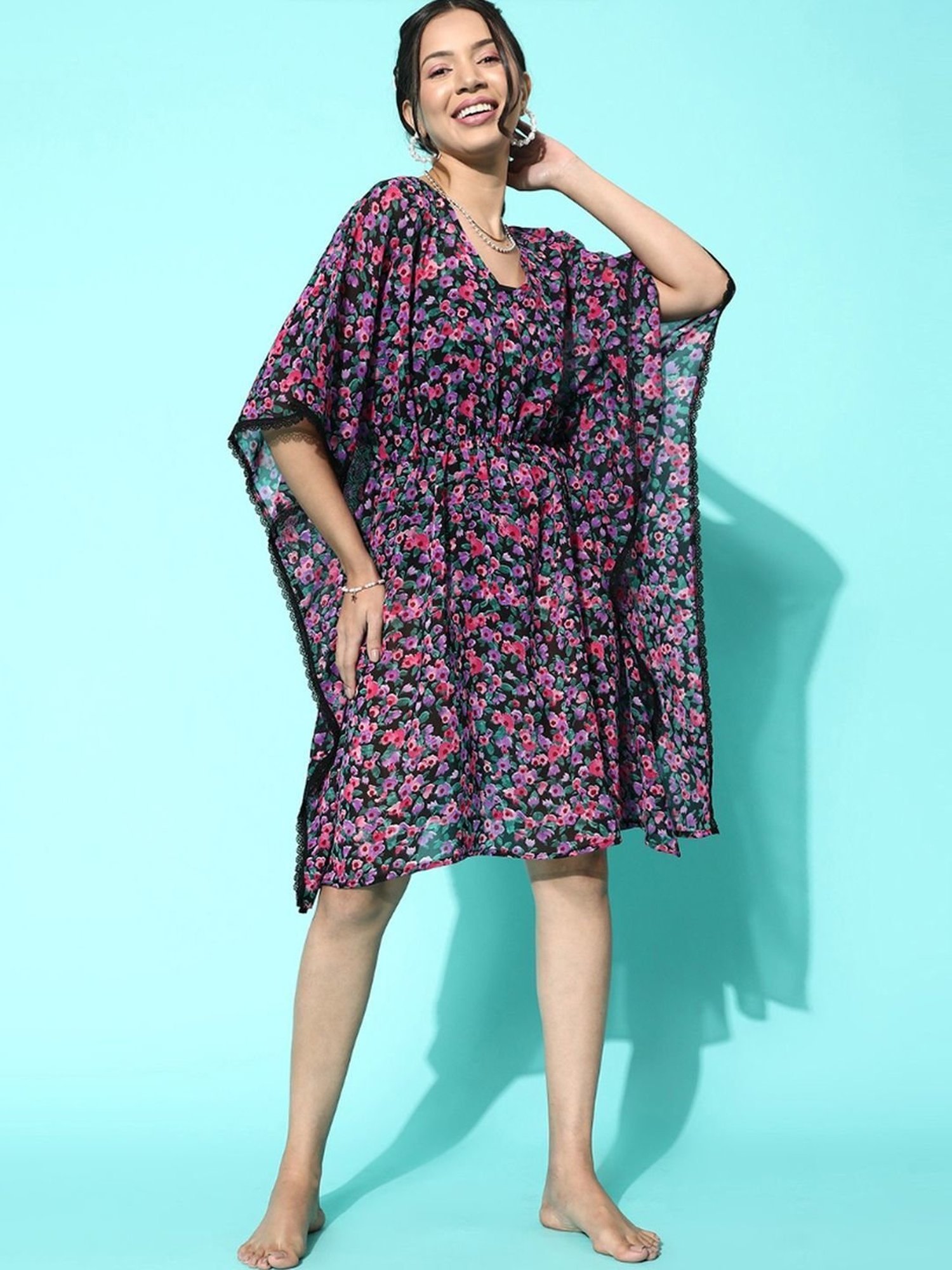 Erotissch Purple Floral Print Beachwear Kaftan