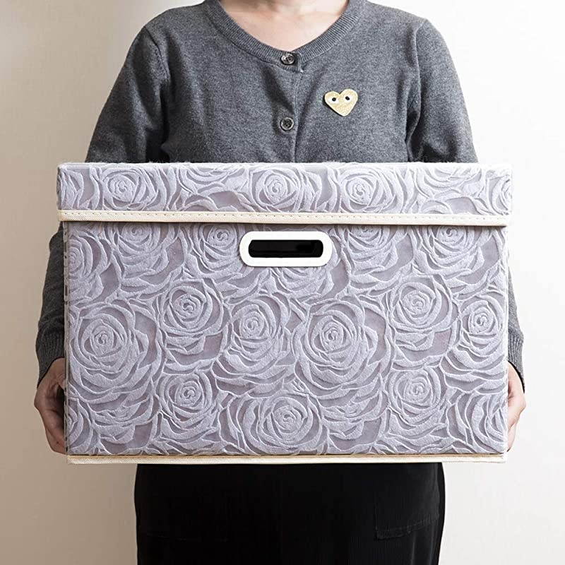 Larger Collapsible Storage Boxes with Lids Fabric Decorative Storage Bins Cubes Organizer Containers Baskets with Cover Handles for Bedroom Closet Living Room Gray 17.7x11.8x11.8 Inch 3 Pack