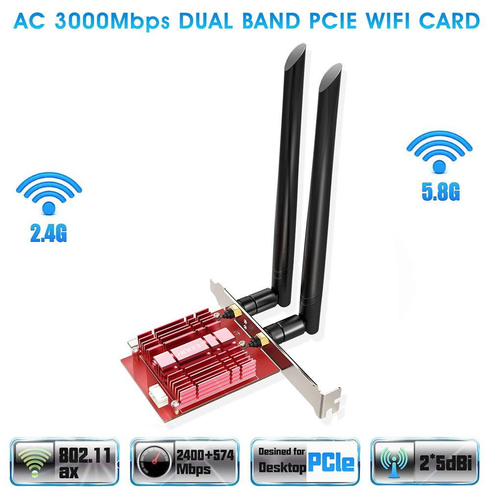 EDUP WiFi 6 Card AX 3000Mbps PCIe Network Card AX200 802.11AX 2.4Ghz/5.8Ghz with Bluetooth 5.0 & Heat Sink Wireless PCI Express Wi-Fi Adapters Dual Band Antenna for Windows 10 64-bit