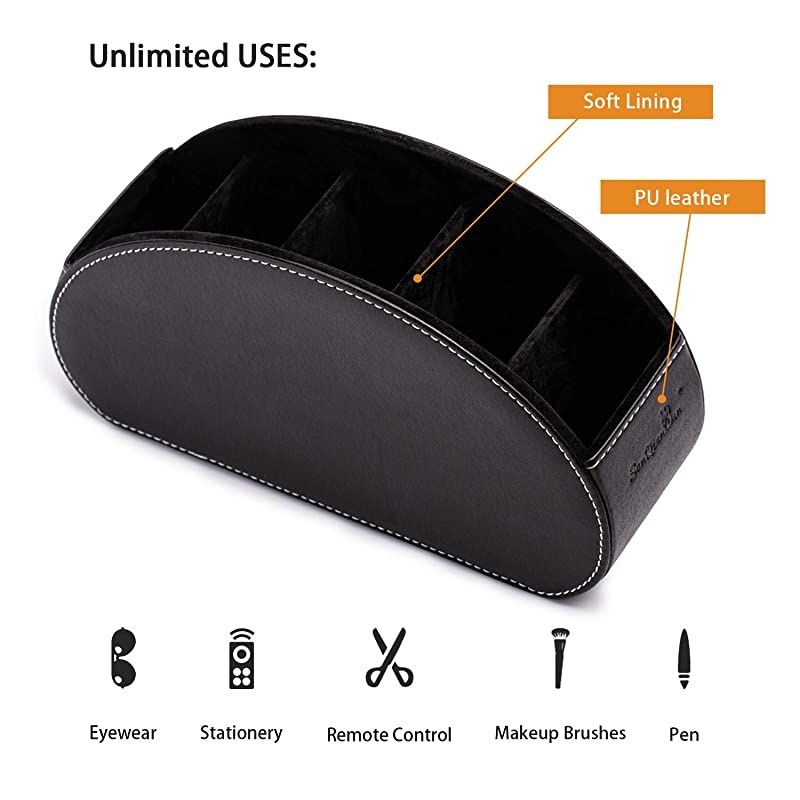 Control Holder Organizer Box with 5 compartment PU Leather Multi-functional Office Organization And storage Caddy Store tv holders ,brush ,pencil,glasses an Media Player (Black)