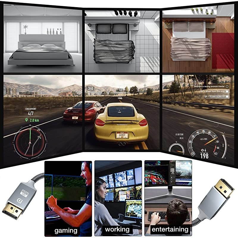 DisplayPort Cable 4K DP Cable Nylon Braided 4K60Hz 2k144Hz Ultra High Speed DisplayPort to DisplayPort Cable 10ft for Laptop PC TV etc Gaming Monitor Cable Grey