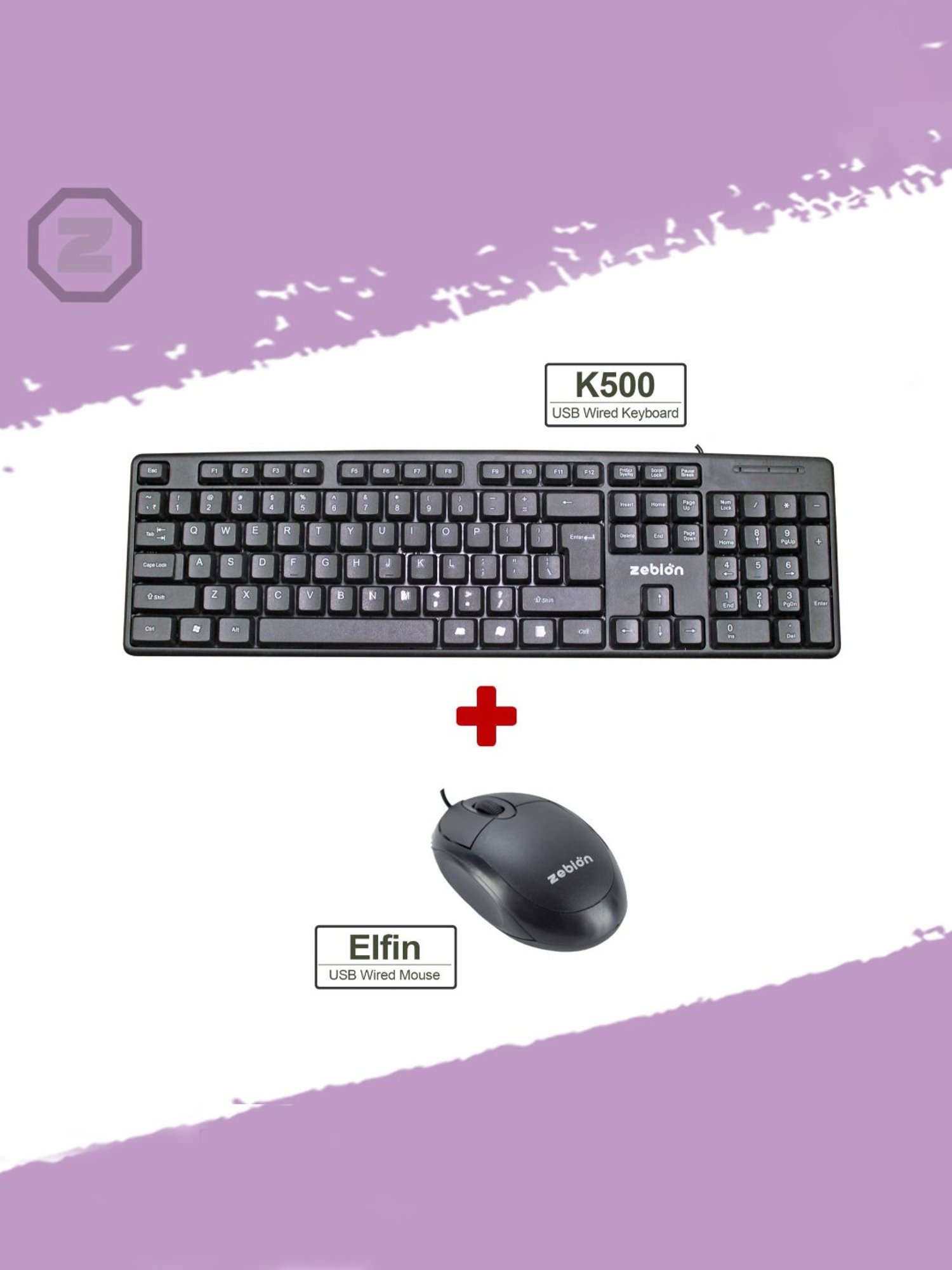 Zebion K500 Wired USB Desktop Keyboard & Elfin Mouse Combo (Black)