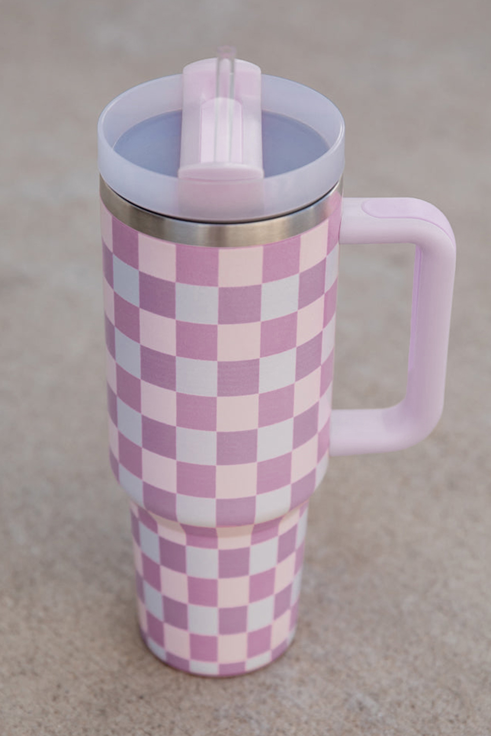 Pink Checkered Print Handled Stainless Steel Tumbler Cup
