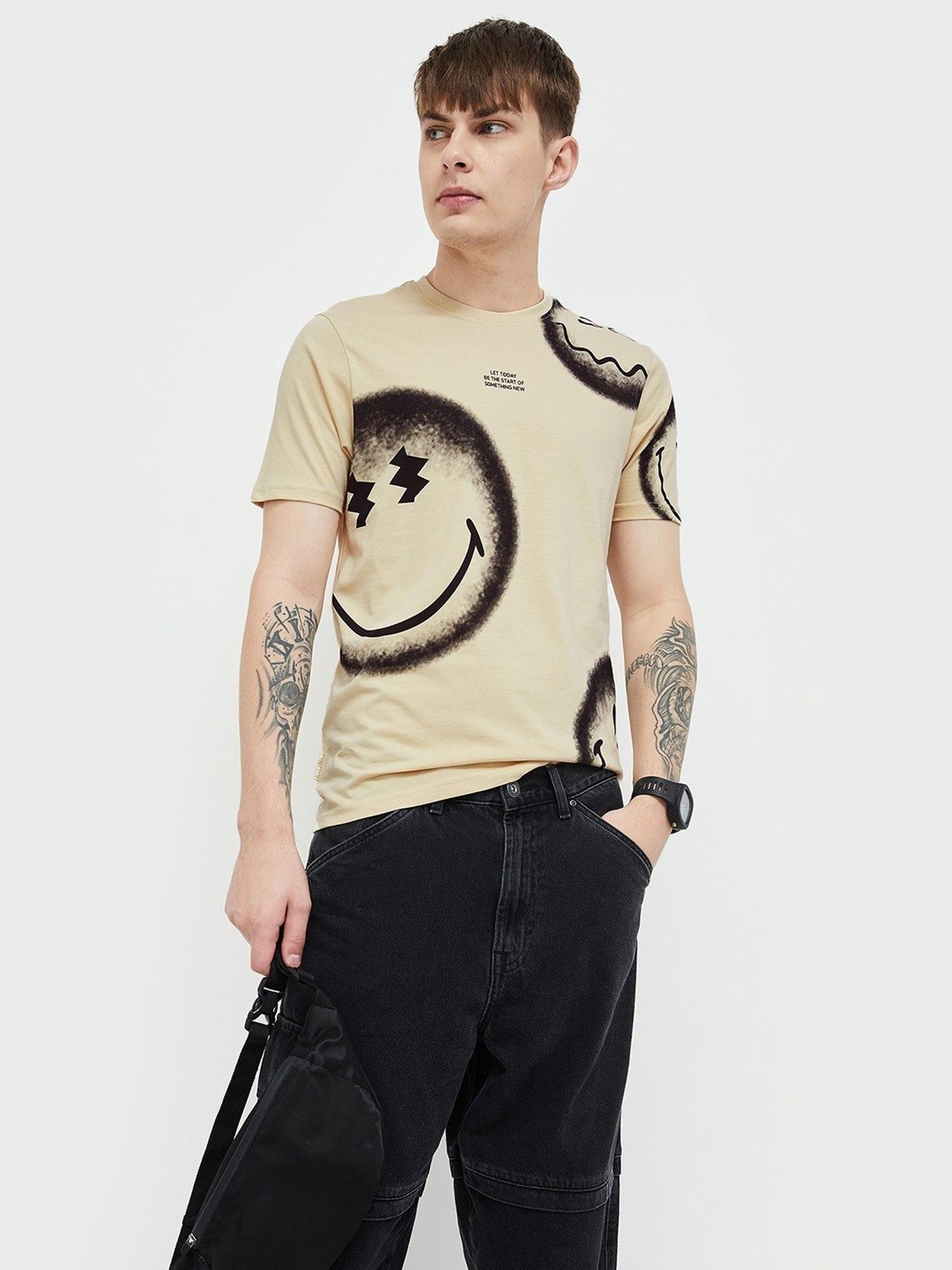 Smileyworld Beige Cotton Regular Fit Printed T-Shirt