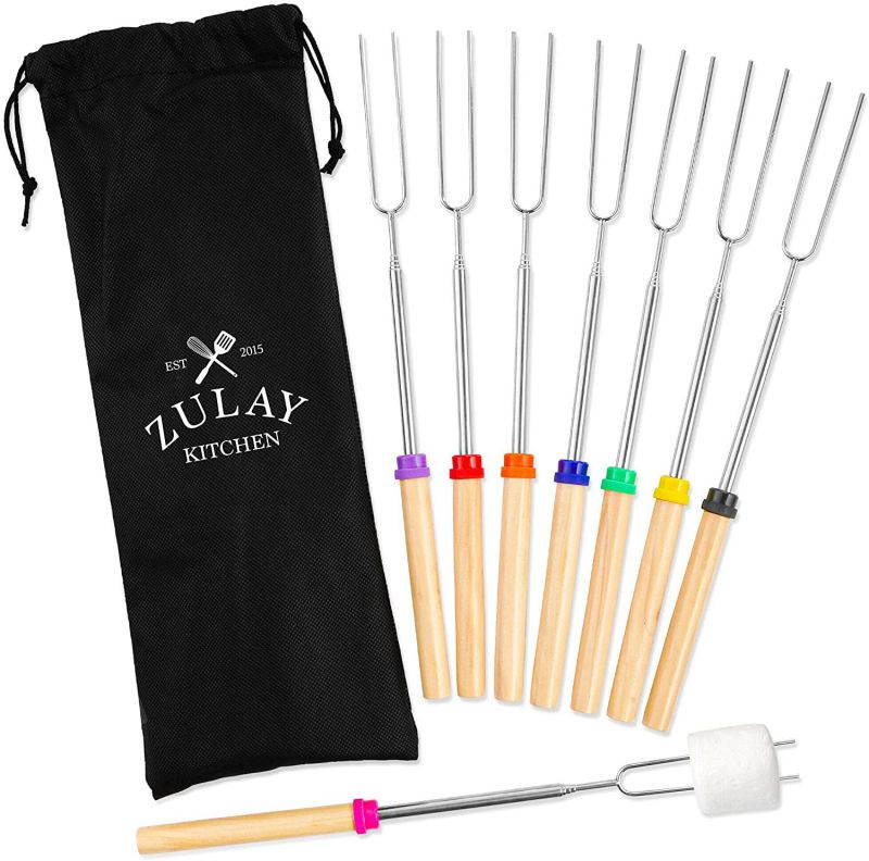 Zulay (8 Pack) Long 32 Inch Marshmallow Roasting Sticks Extendable Design - Stainless Steel Smores Skewers for Camping, Bonfire, Fireplace - Extendable & Retractible Telescoping Marshmallow Sticks