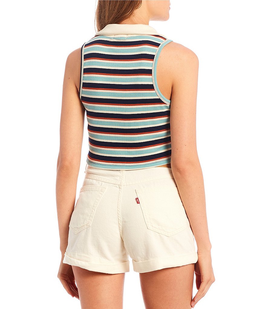 Originality Stripe Johnny Collar Sleeveless Stripe Print Crop Top