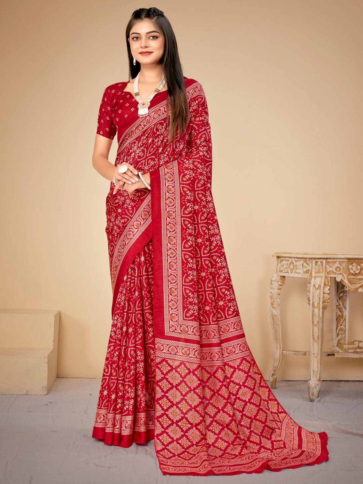 Saree Mall Red Silk Printed Saree With Unstitched Blouse