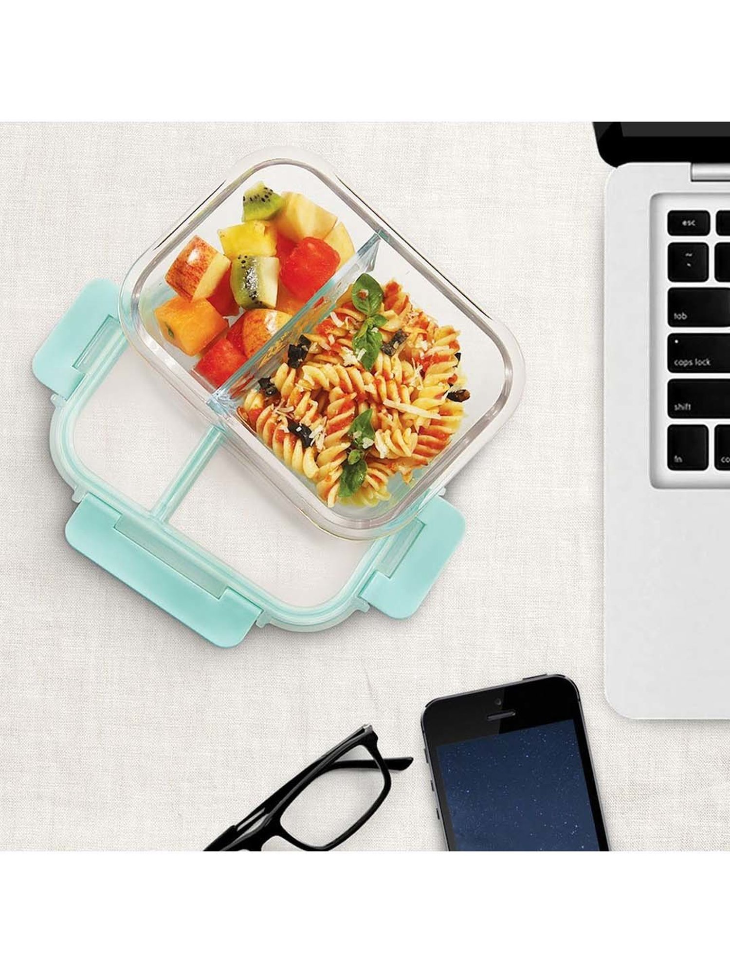 Allo Borosilicate Glass Lunch Box Microwave Oven Safe With Detachable Lock and Space Blue Tiffin Bag