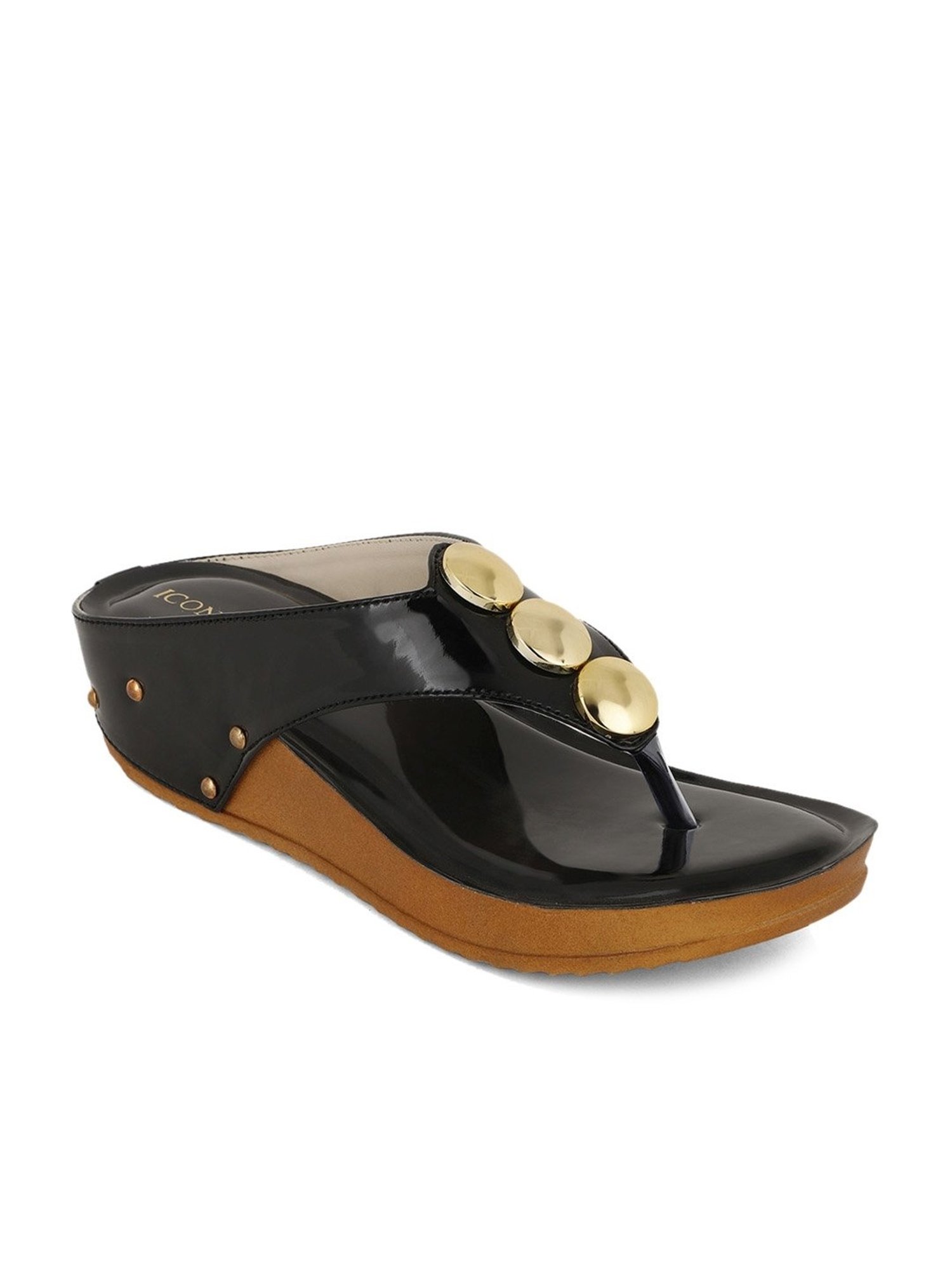 Iconics Women's Black Thong Wedges
