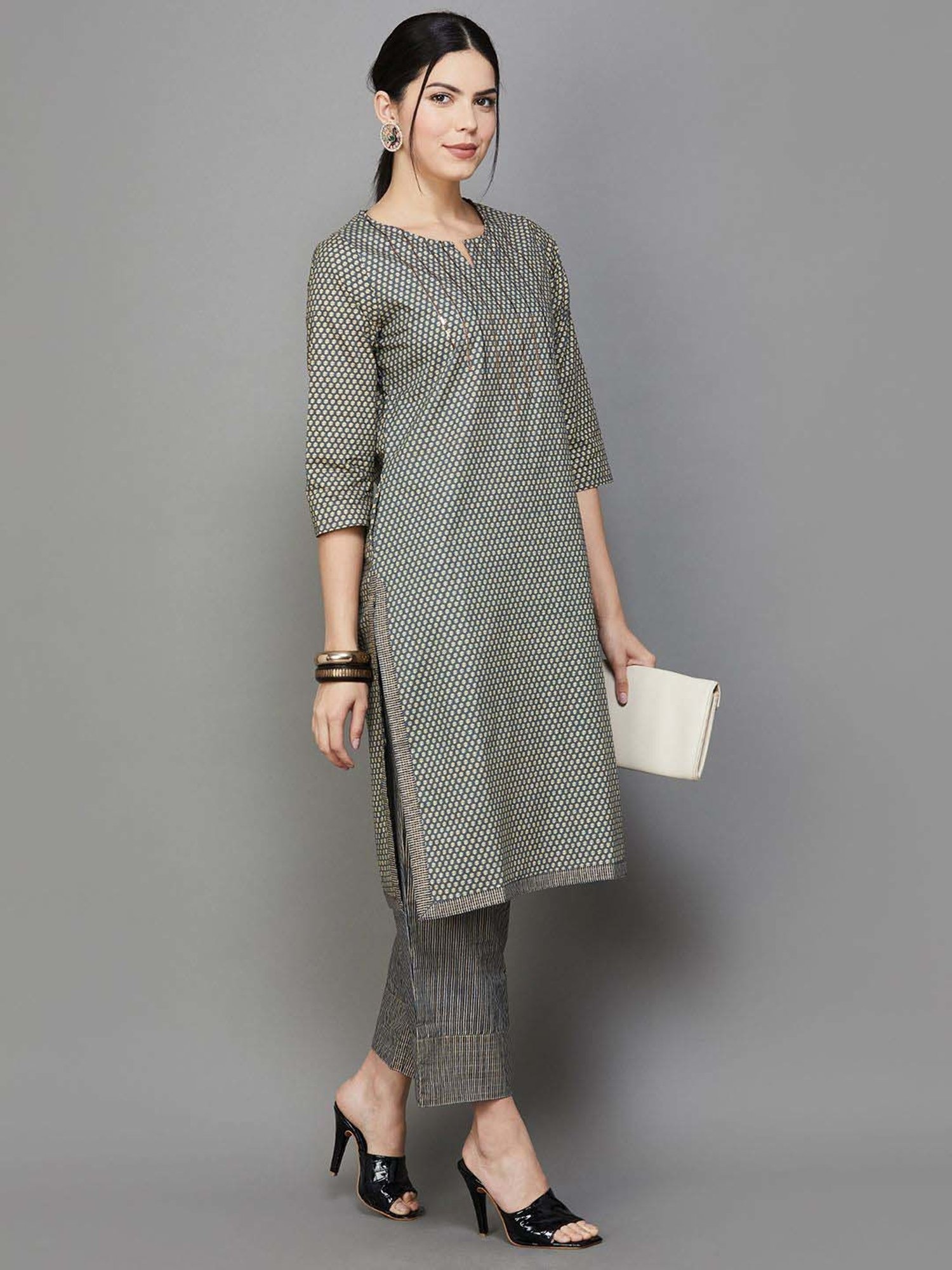 Melange by Lifestyle Black Cotton Printed Kurta Pant Set