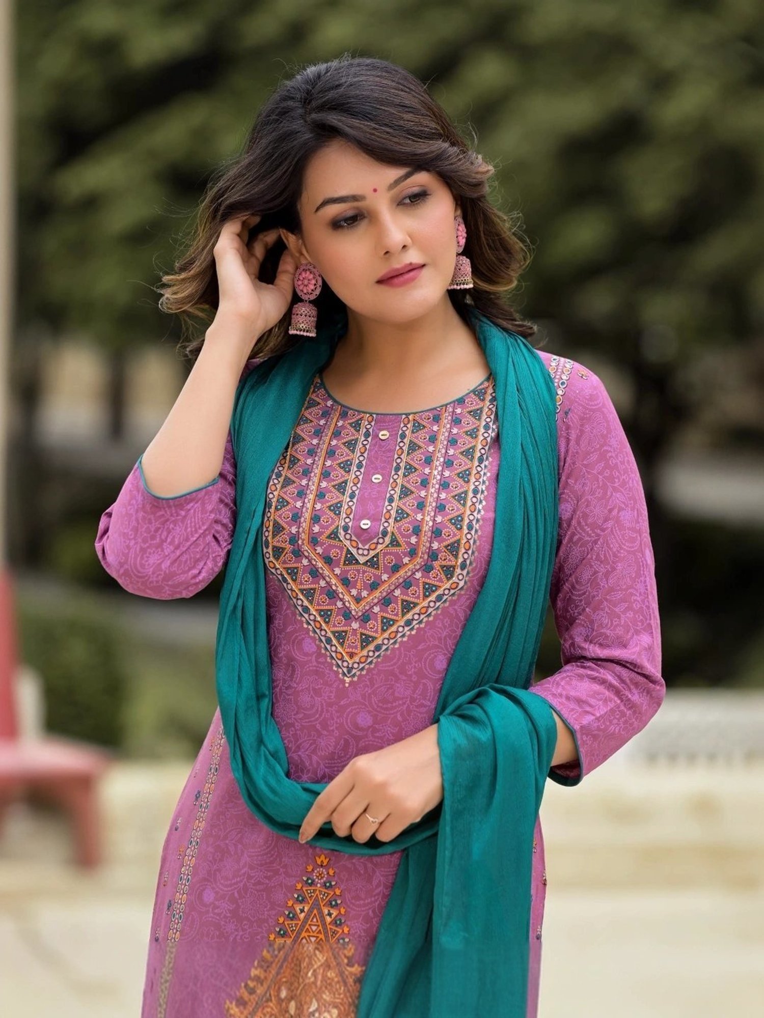 Juniper Purple Printed Kurta Pant Set With Dupatta