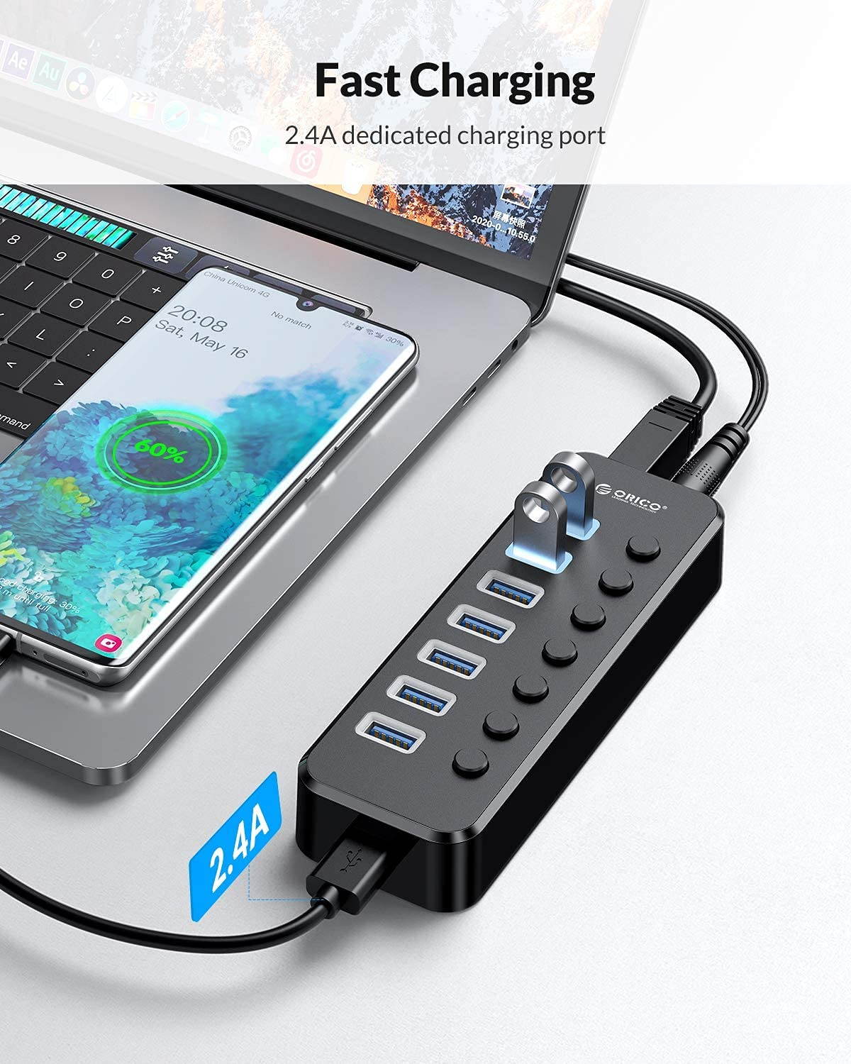 USB 3.0 Hub, Portable SuperSpeed 4 Port USB 3.0 Hub with Built-in Cable , USB Extension Multi-function USB Dock Hot Swapping Support for  Mac, PC, USB Flash Drives and Other Devices