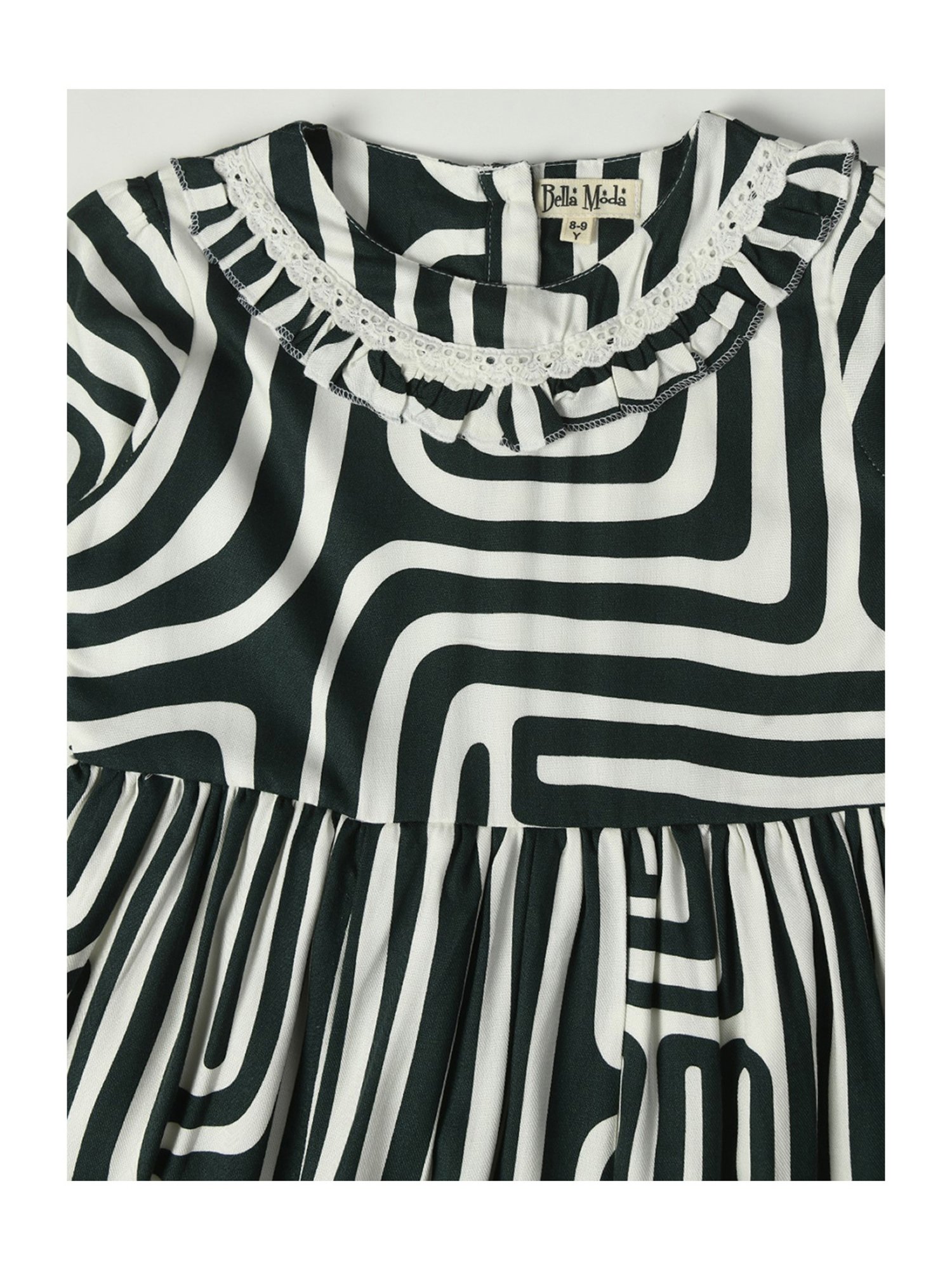 Bella Moda Kids Dark Green & White Printed Full Sleeves Fit & Flare Dress