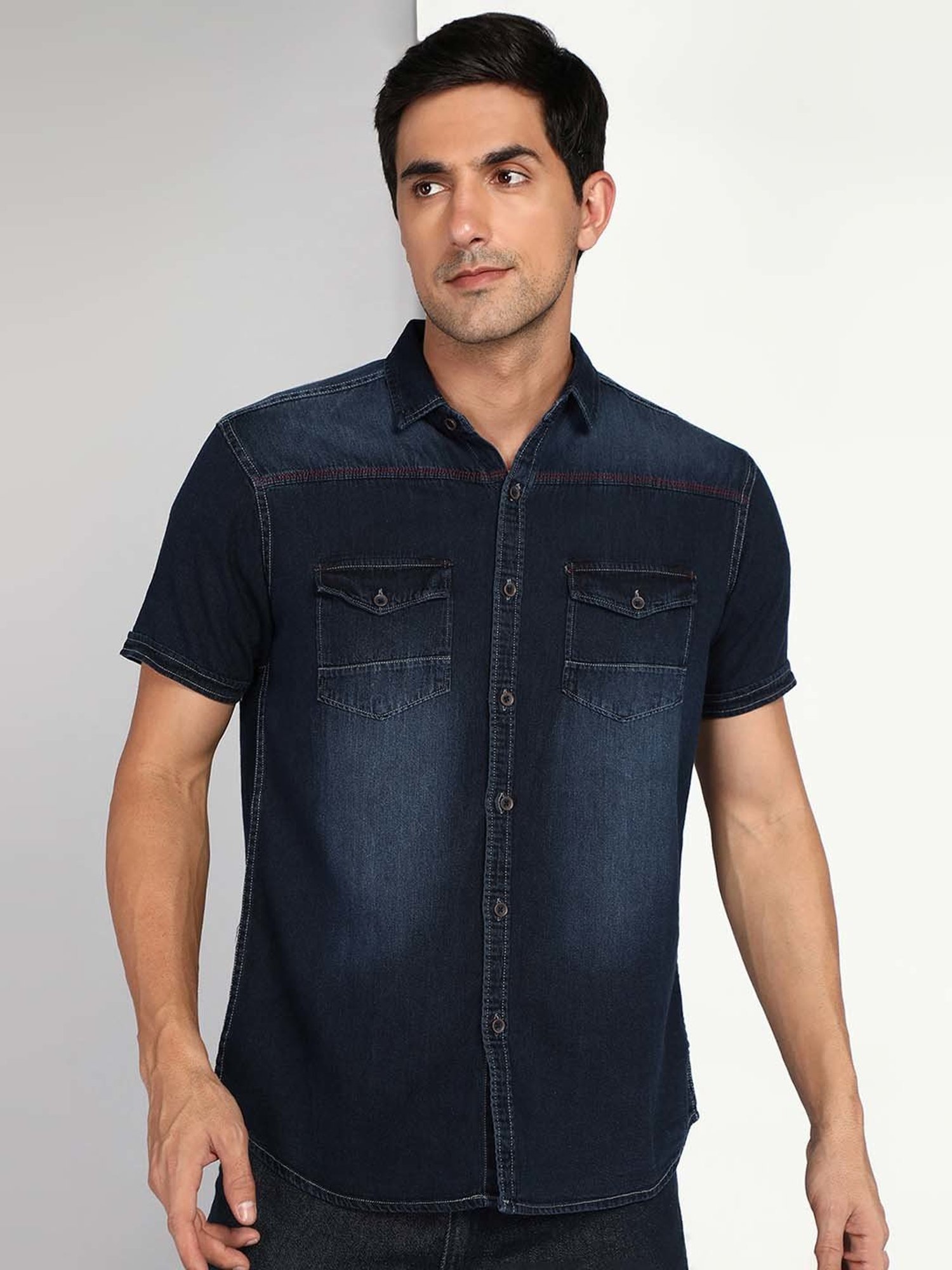Kuons Avenue Dark Blue Slim Fit Denim Shirt