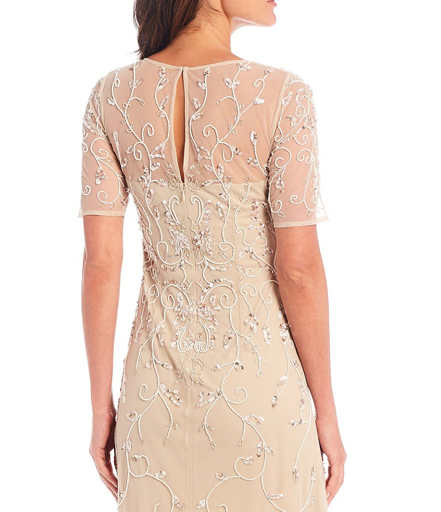 Adrianna Papell Beaded Illusion Jewel Neck Elbow Sleeve Gown