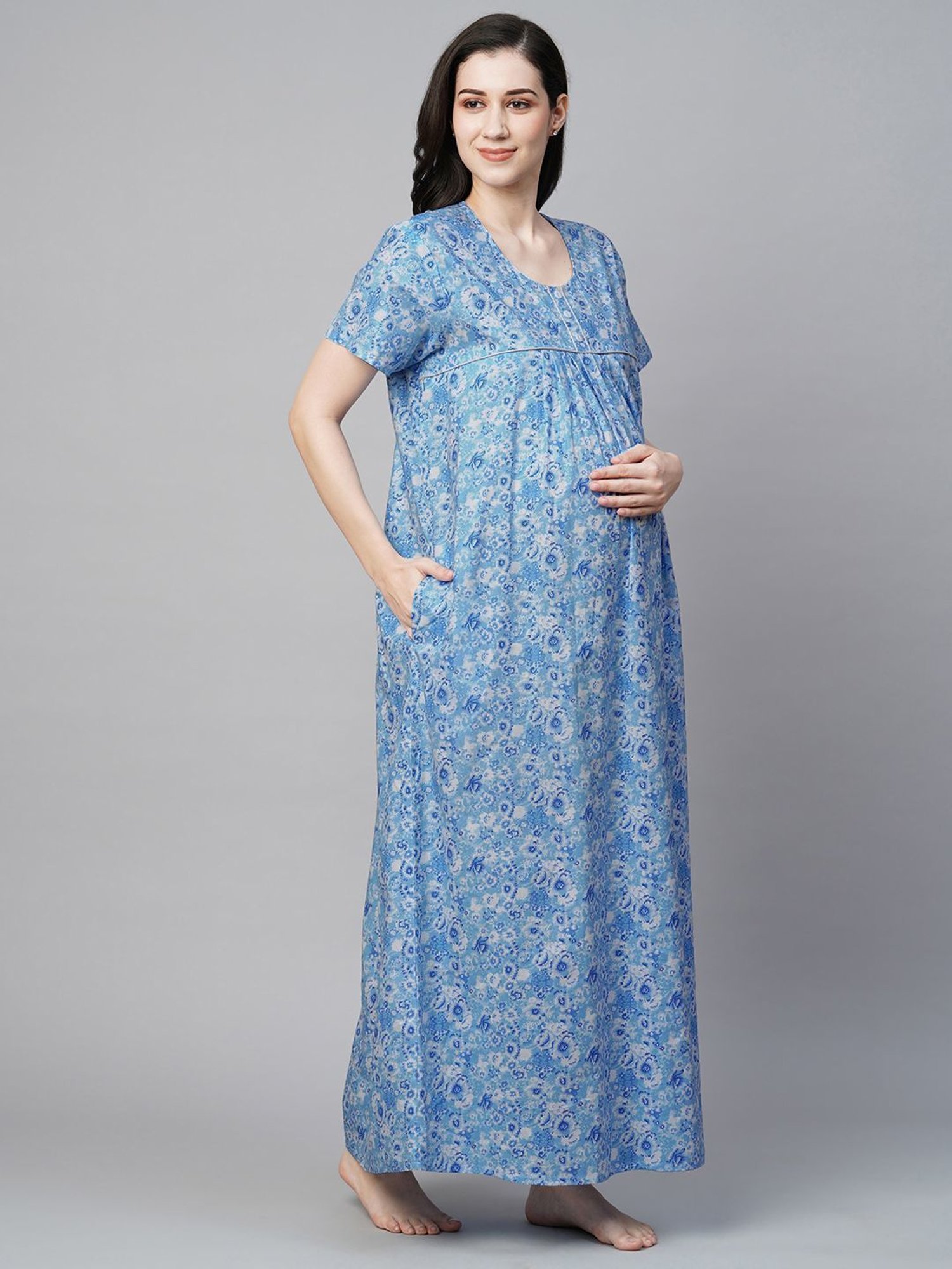 MomToBe Blue Cotton Printed Feeding Nighty