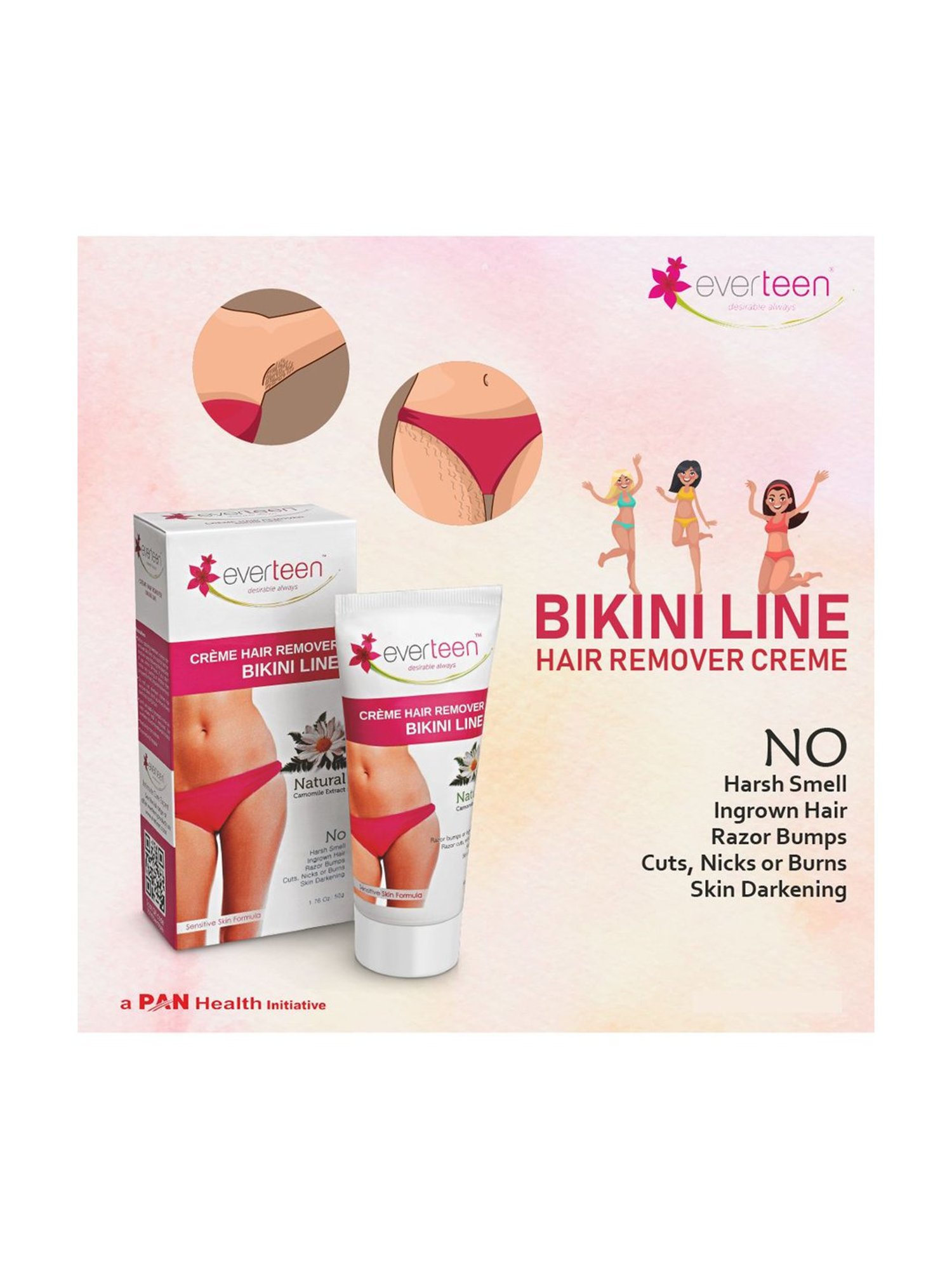 everteen Bikini Line Hair Remover Creme - Natural for Women - 1 Pack - 50 gm
