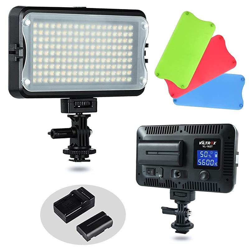 VL-162T CRI95+ LED Video Light, Portable Camera Photo Light Panel Dimmable for DSLR Camera Camcorder with Battery, Charger, High Brightness, 3300K-5600K Bi-Color, White Filter and LCD Display