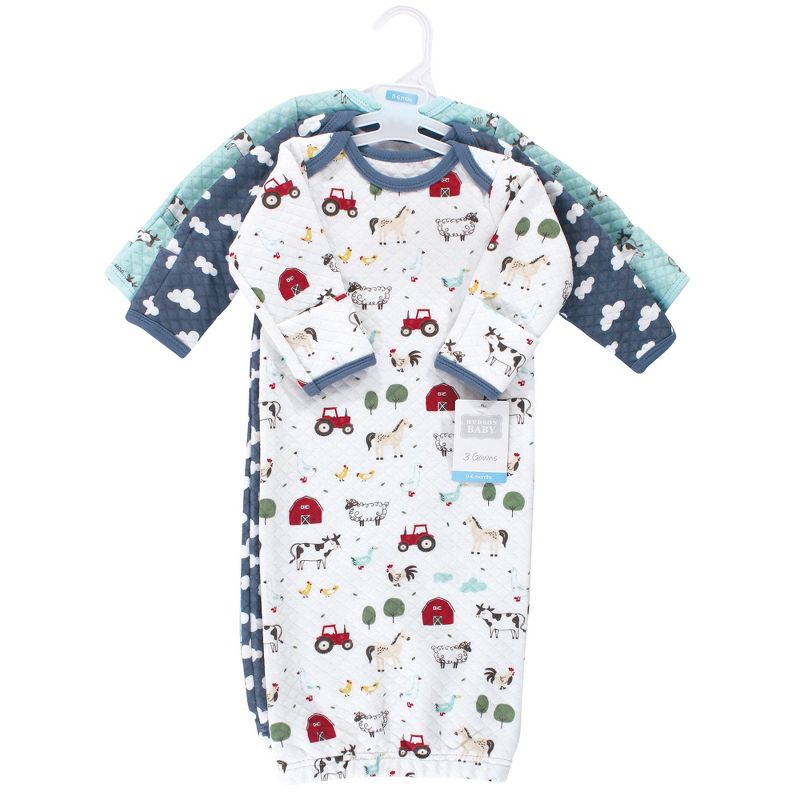 Hudson Baby Infant Boy Quilted Cotton Long-Sleeve Gowns 3pk, Boy Farm Animals, 0-6 Months