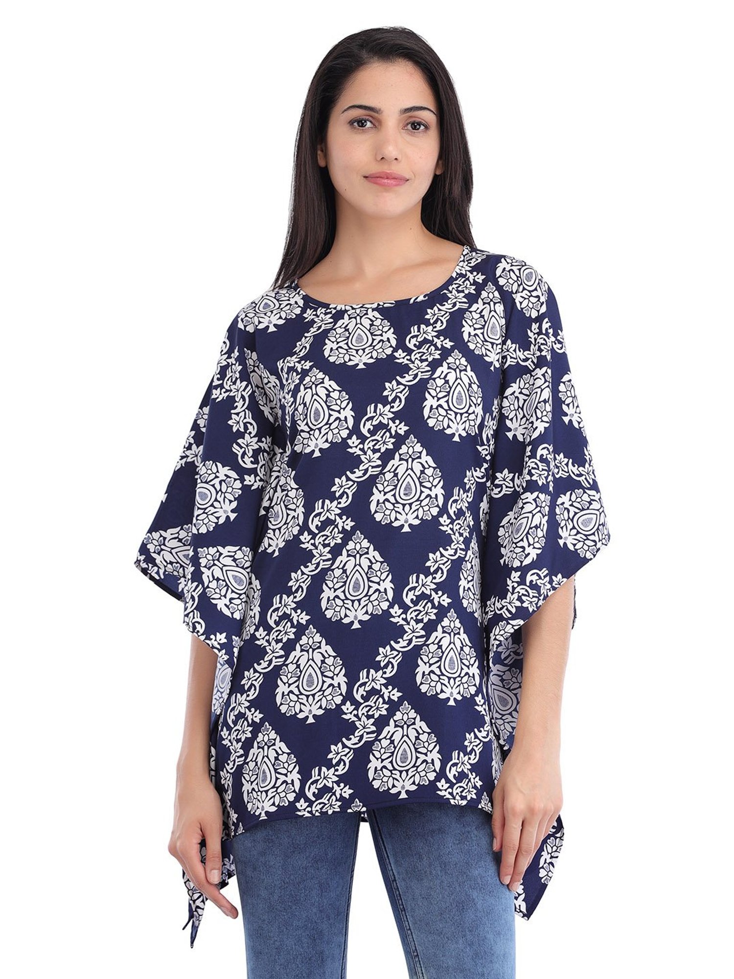 Cottinfab Navy Printed A-Line Kaftan Crepe Top