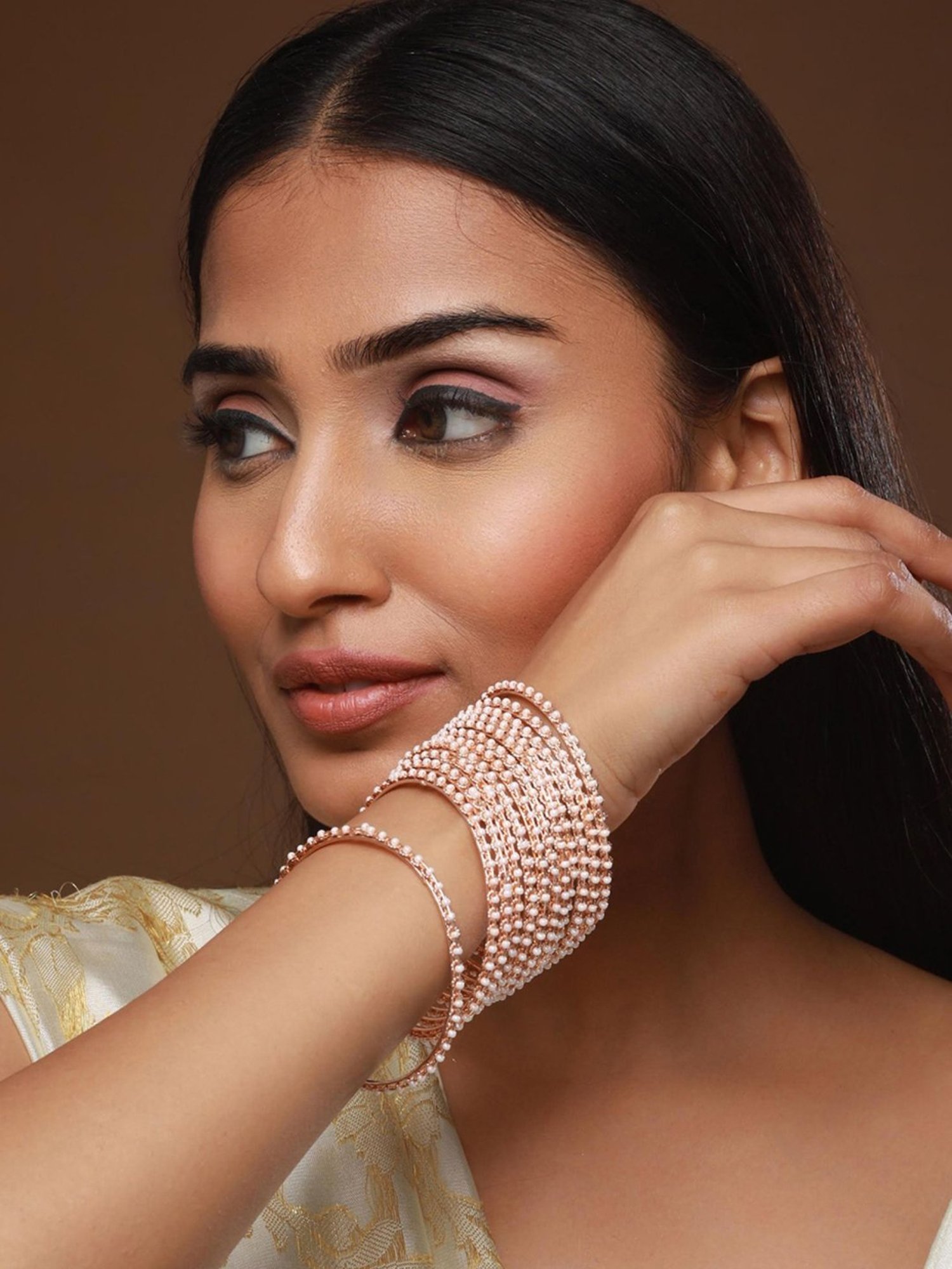 Aatmana Rose Gold-Plated & White Pearl Beaded Bangles for Women (Set of 12) - 2.4