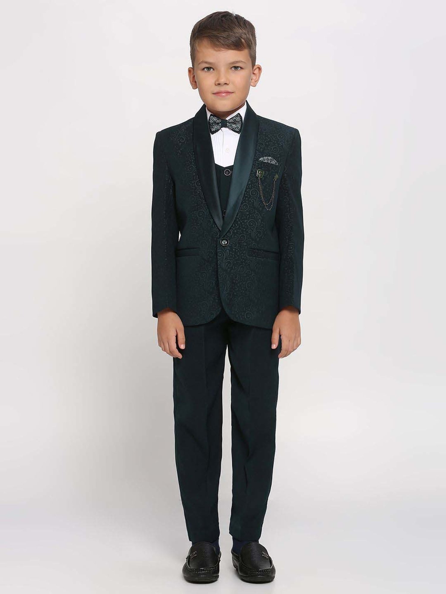 Kids Island Boys Green & White Embossed Full Sleeves Suit Set