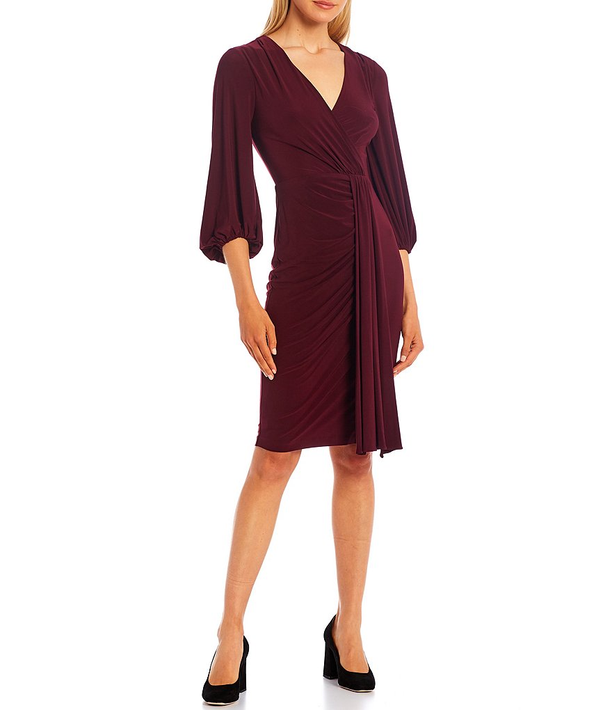 Eliza J V-Neck Long Sleeve Jersey Ruched Cascading Front Drape Wrap Dress