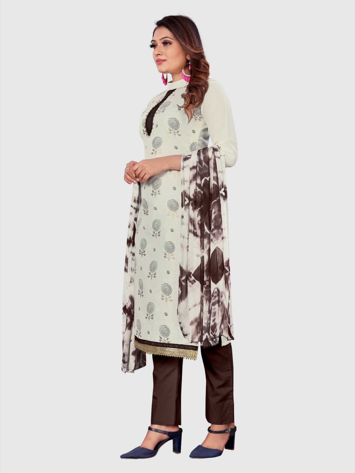 APNISHA Cream Cotton Floral Print Unstitched Dress Material