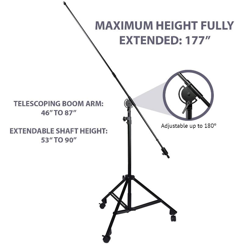 LyxPro Professional Microphone Stand Heavy Duty 90&rdquo; Studio Overhead Boom Stand with Rolling Caster Wheels, 87&rdquo; Extra Long Telescoping Arm Mount, Foldable Tripod Legs & Adjustable Counterweight