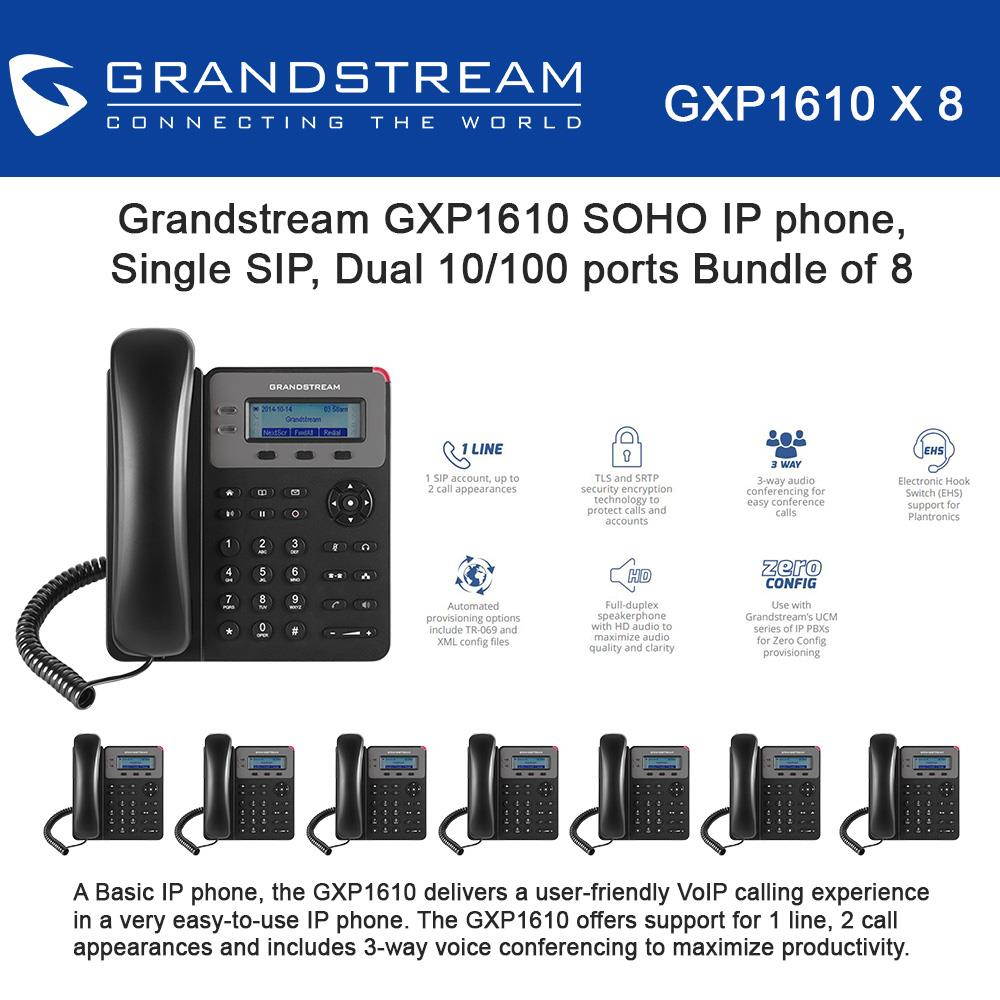 Grandstream GXP1610 SOHO IP phone 8-PACK, Single SIP, Dual 10/100 ports, 3-way conferencing, call-waiting