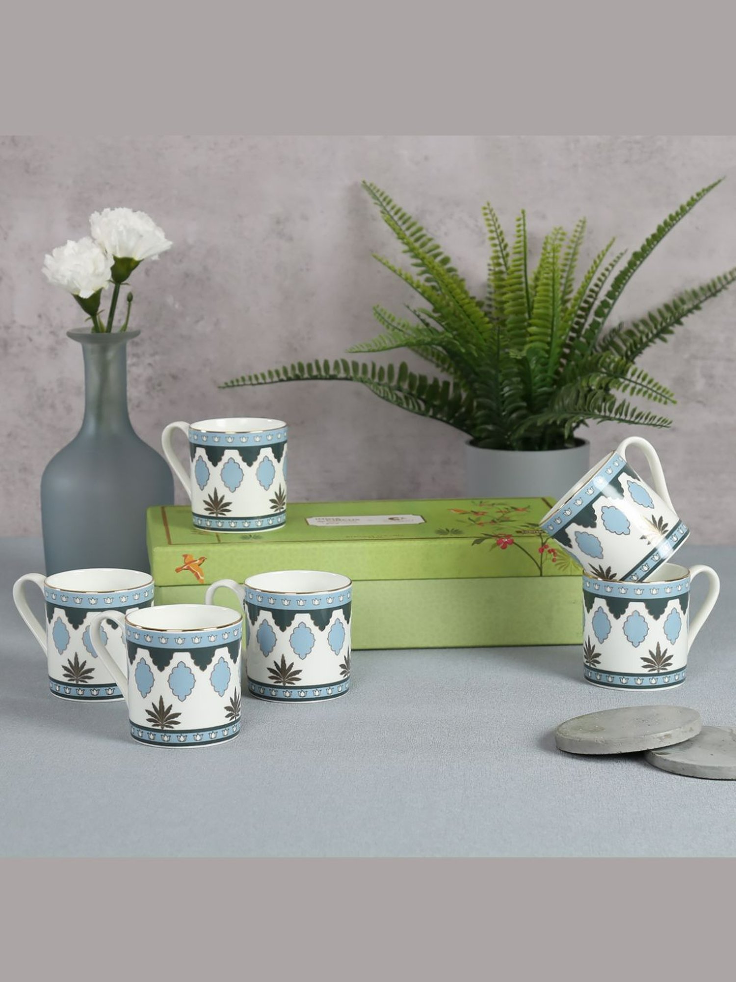 India CircusAbstract White Bone China Coffee Mug Set of 6, 220 ml With Accented and 22 Carat Gold