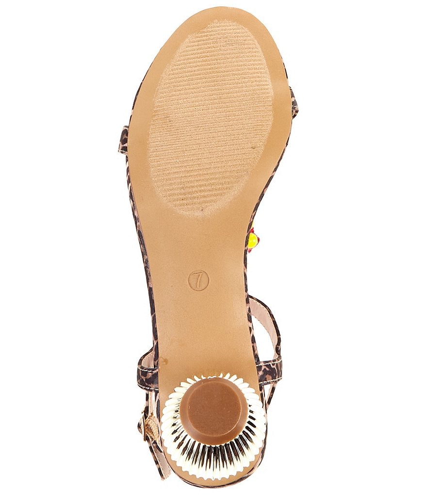 Betsey Johnson Theaa Leopard Print Fruit Embellished Sculptural Heel Sandals