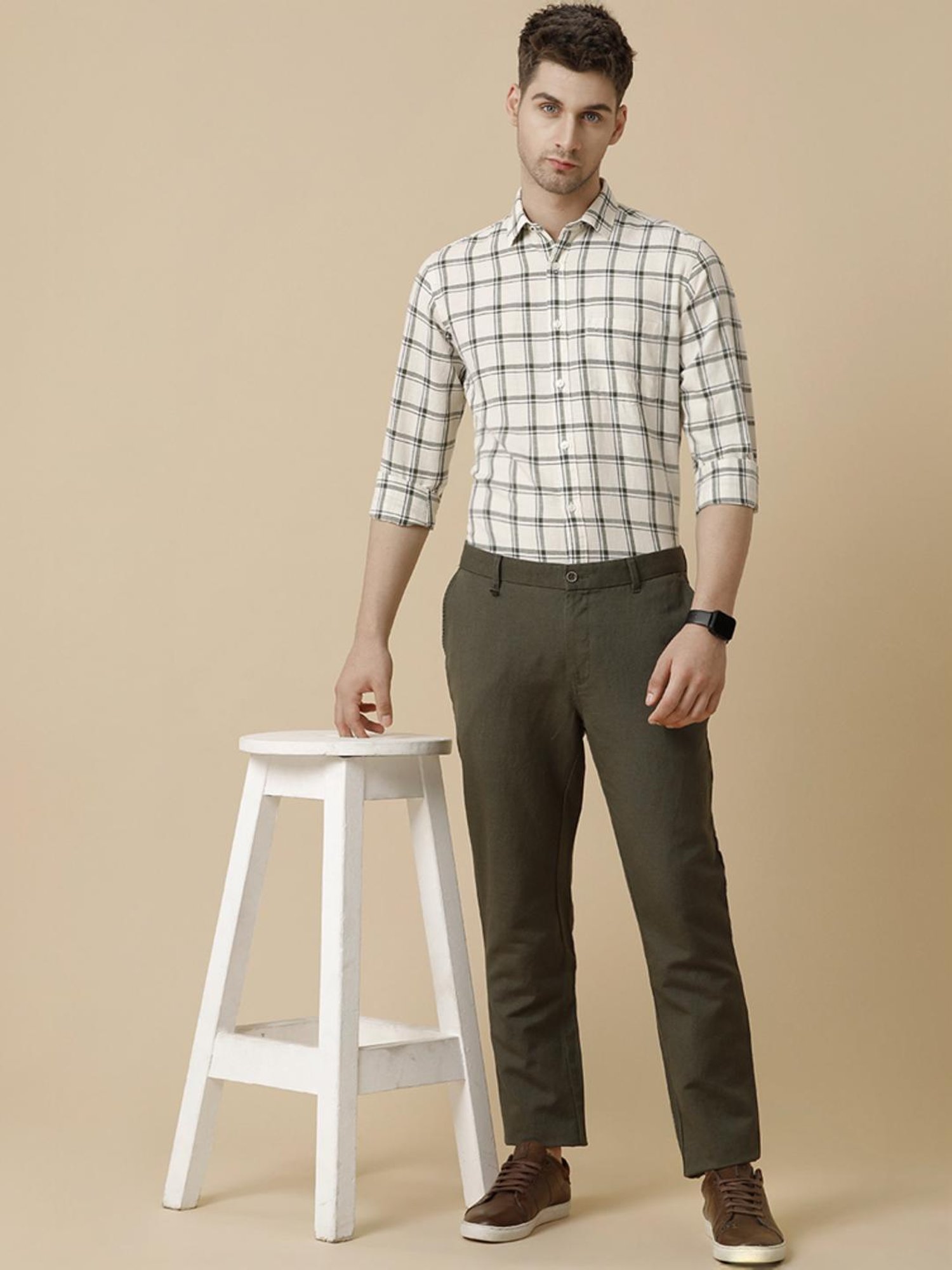 Linen Club Black Linen Contemporary Fit Checks Shirt