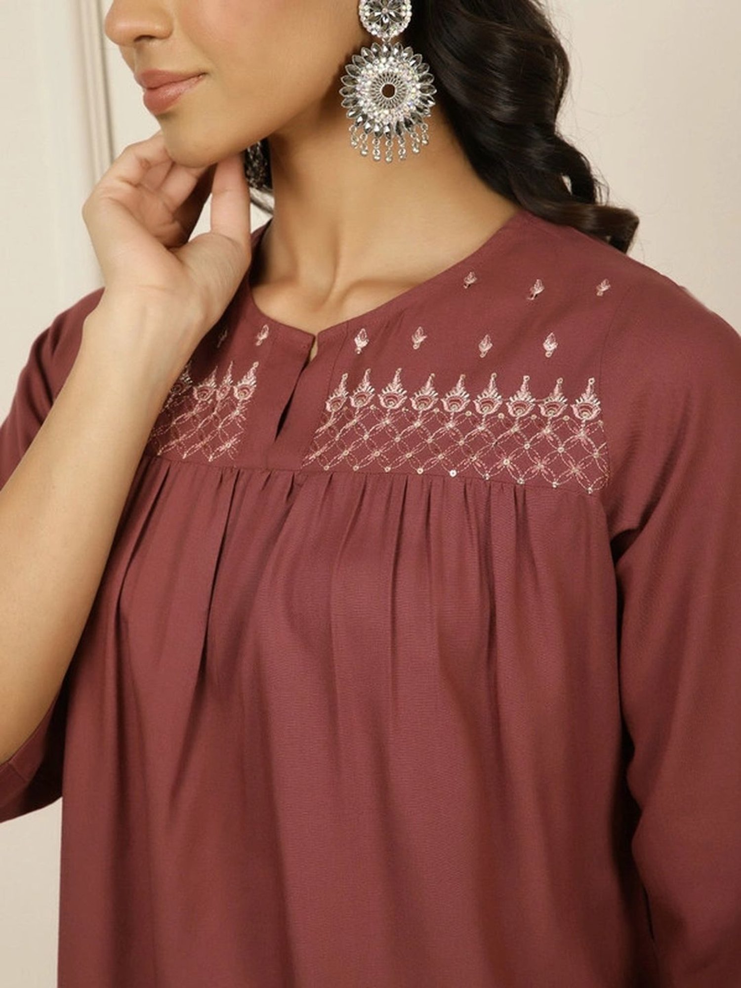 Jaipur Kurti Brown Embroidered Top