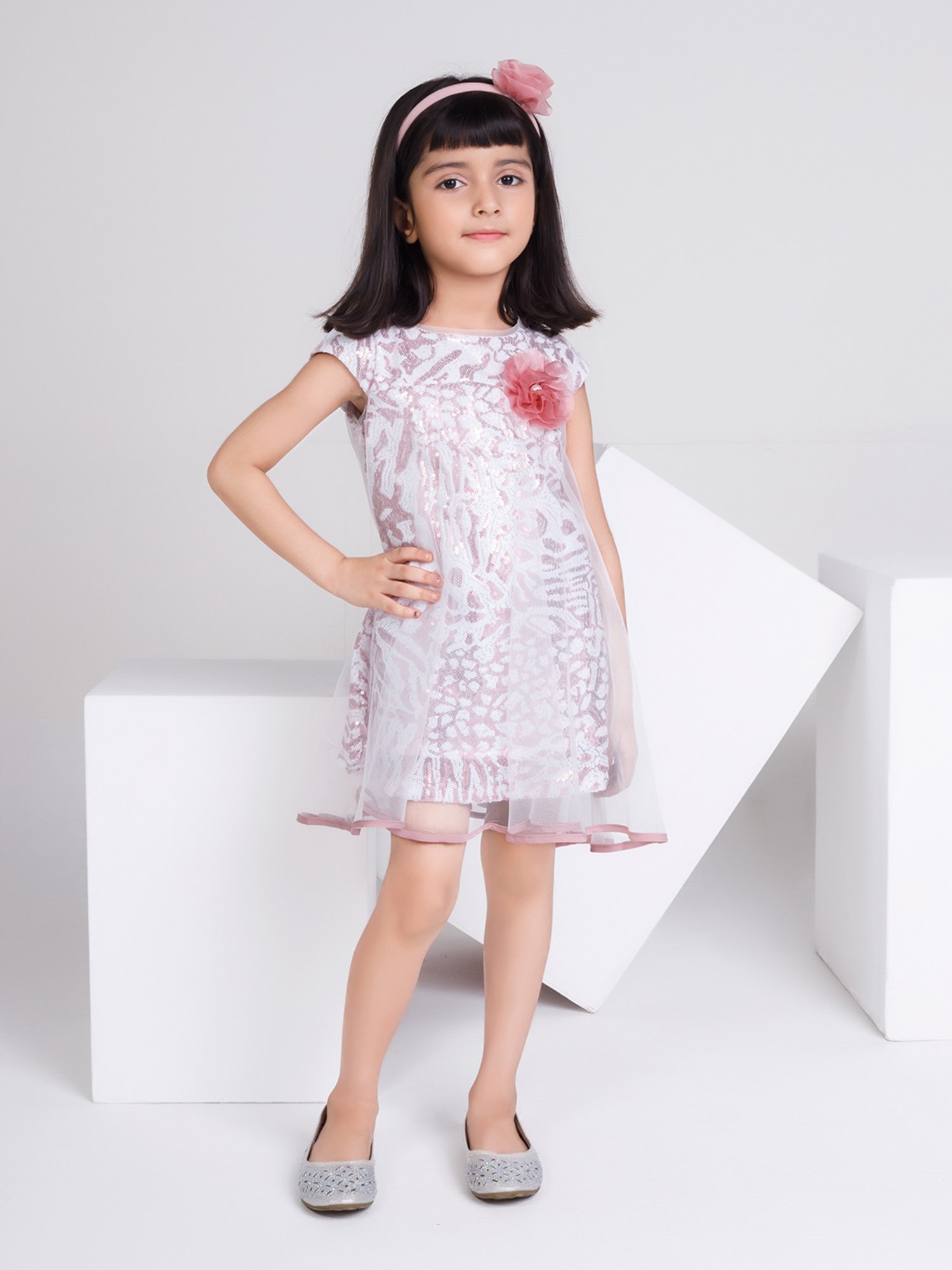 Peppermint Kids Mauve & White Embellished Dress